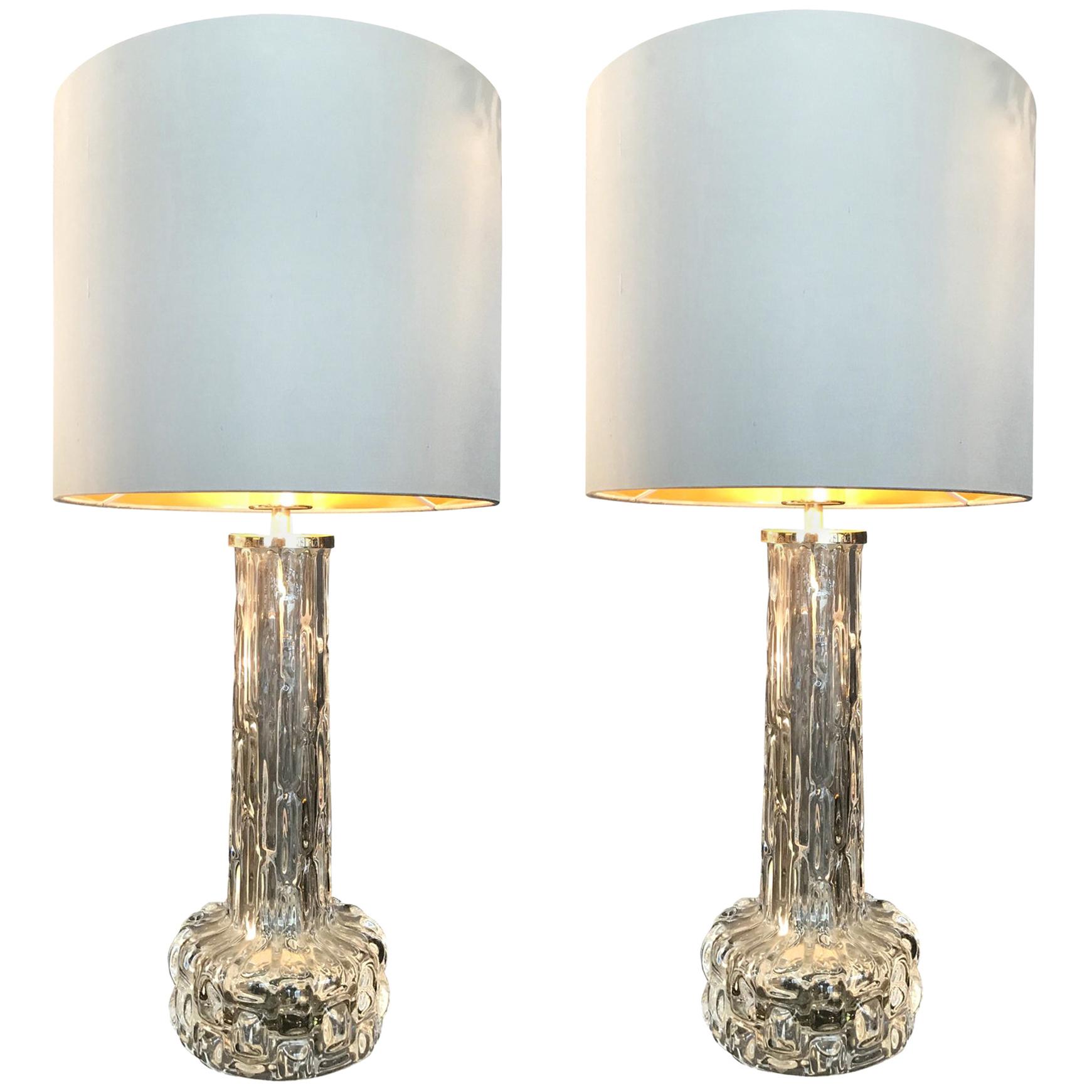 Pair of Swedish Glass Lamps by Orrefors with Nickel Fittings