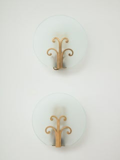 Pair of Swedish Grace Frosted Glass and Brass Sconces, circa 1930s