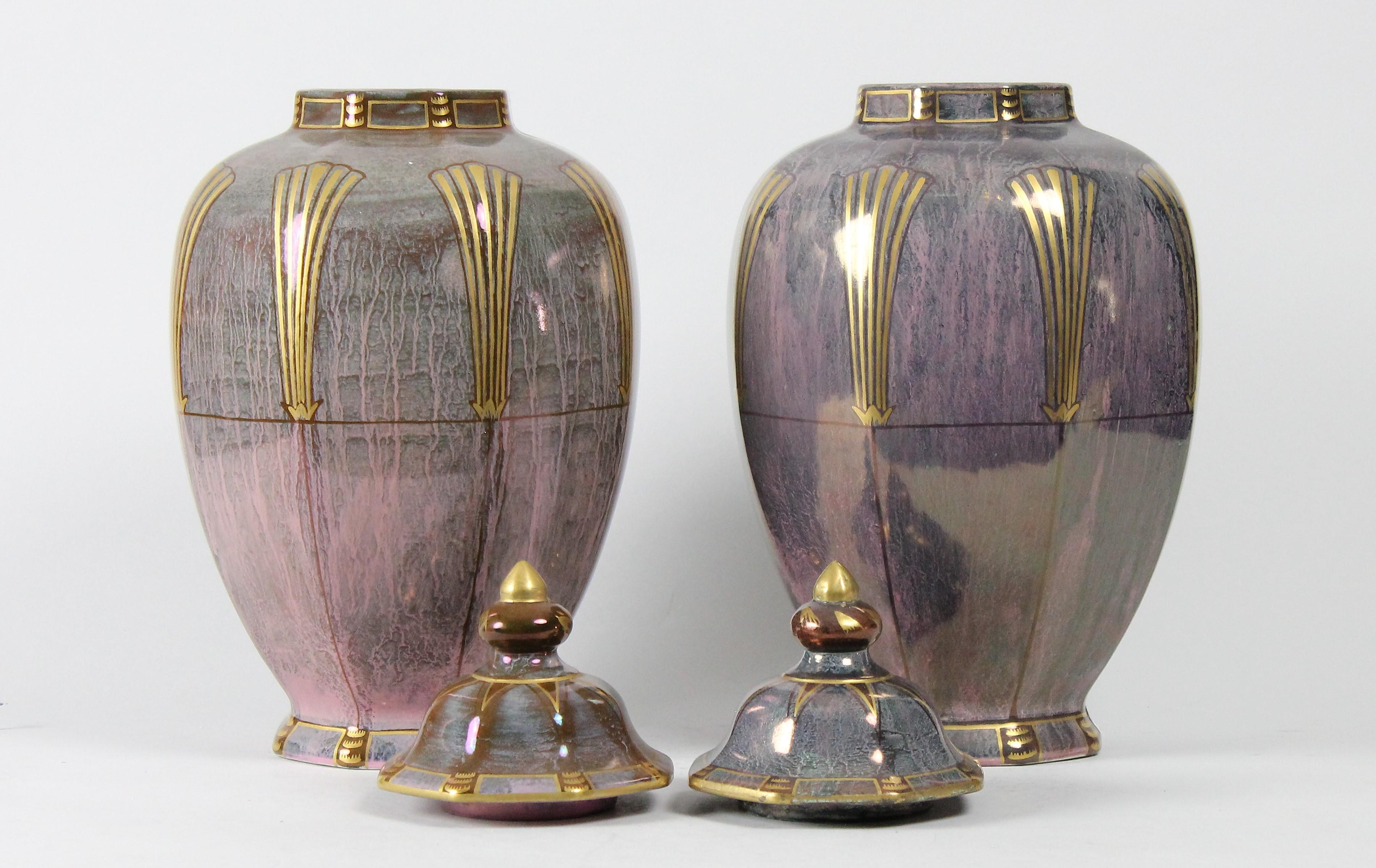 Art Deco Pair of Swedish Grace Josef Ekberg Lustre Lidded Vases, Gustavberg 1927 For Sale