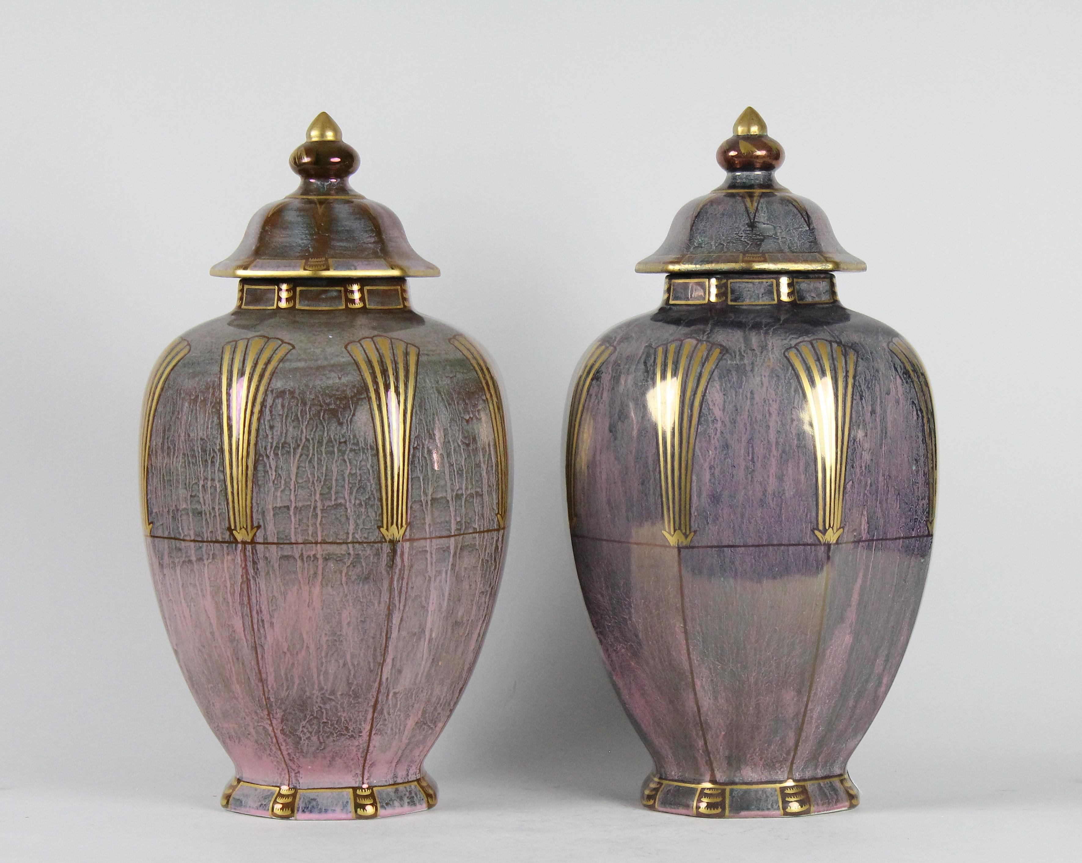Early 20th Century Pair of Swedish Grace Josef Ekberg Lustre Lidded Vases, Gustavberg 1927 For Sale