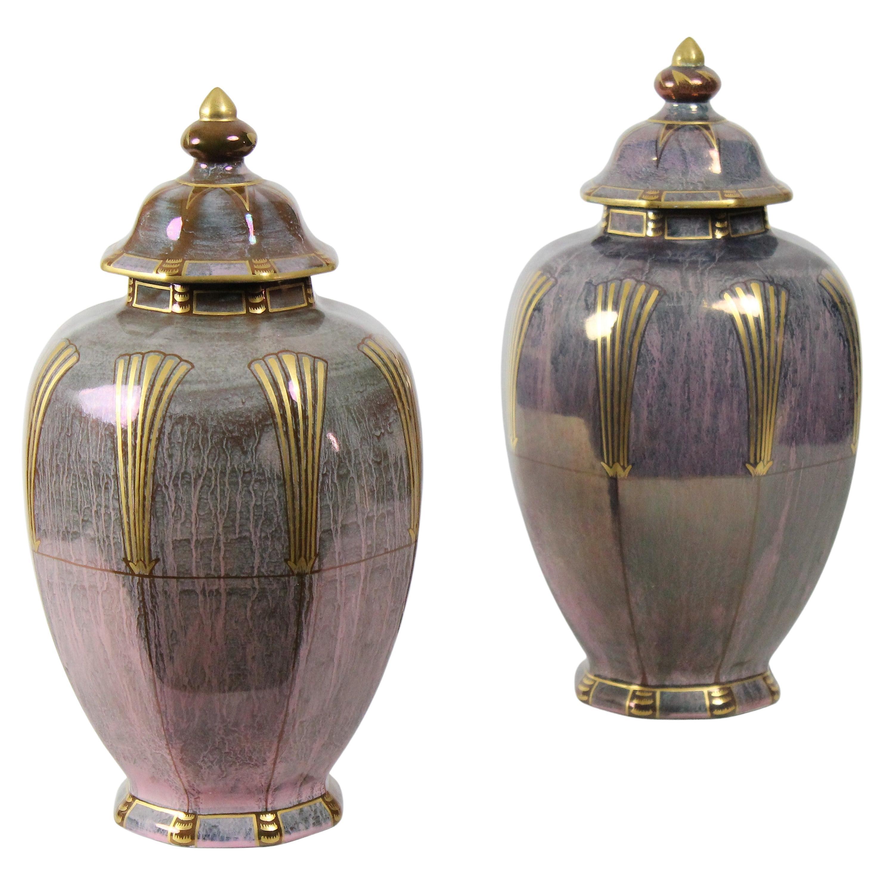 Pair of Swedish Grace Josef Ekberg Lustre Lidded Vases, Gustavberg 1927