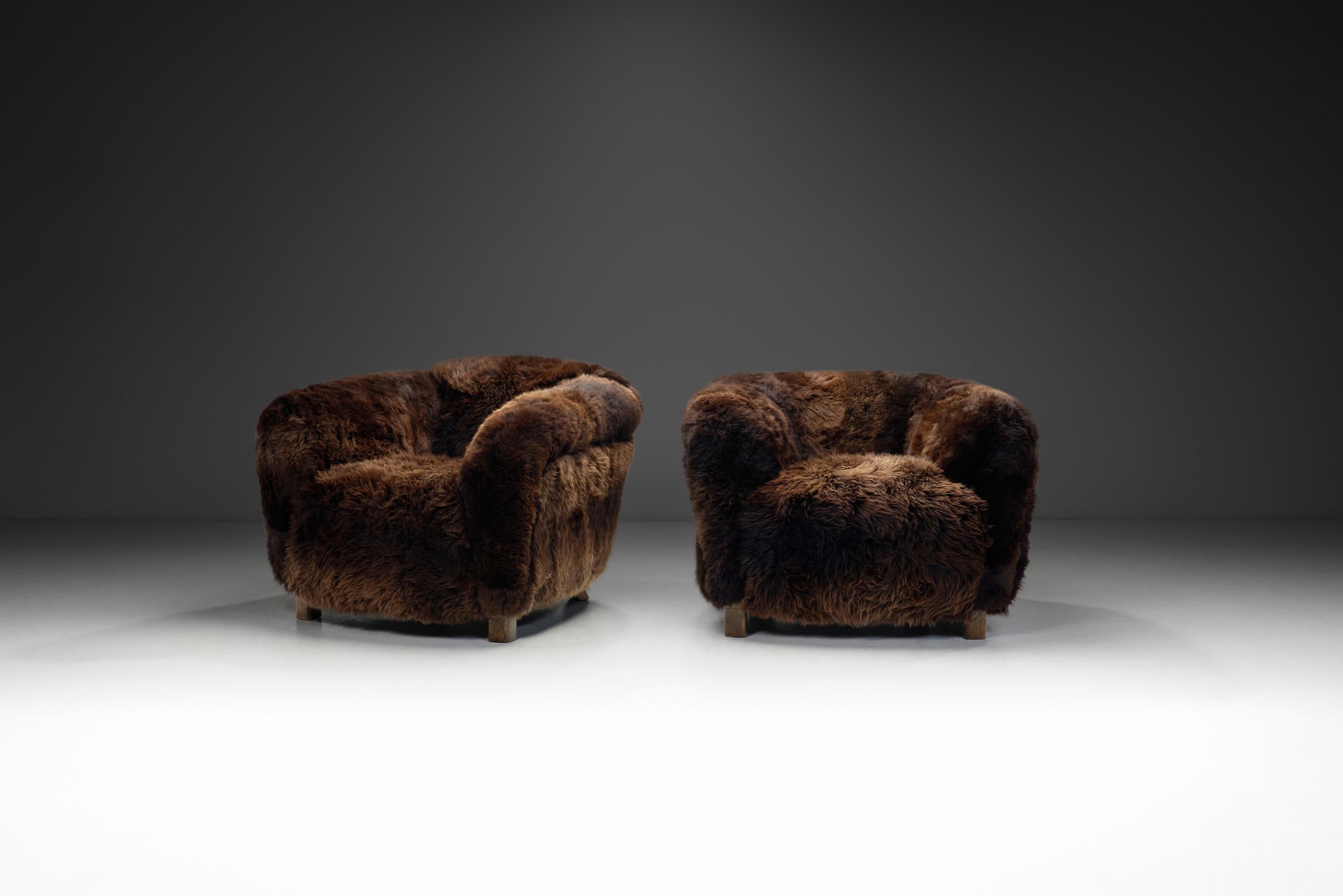 Scandinavian Modern A Pair of Swedish Modern Club Chairs in Longhair Sheepskin, Sweden 1930s