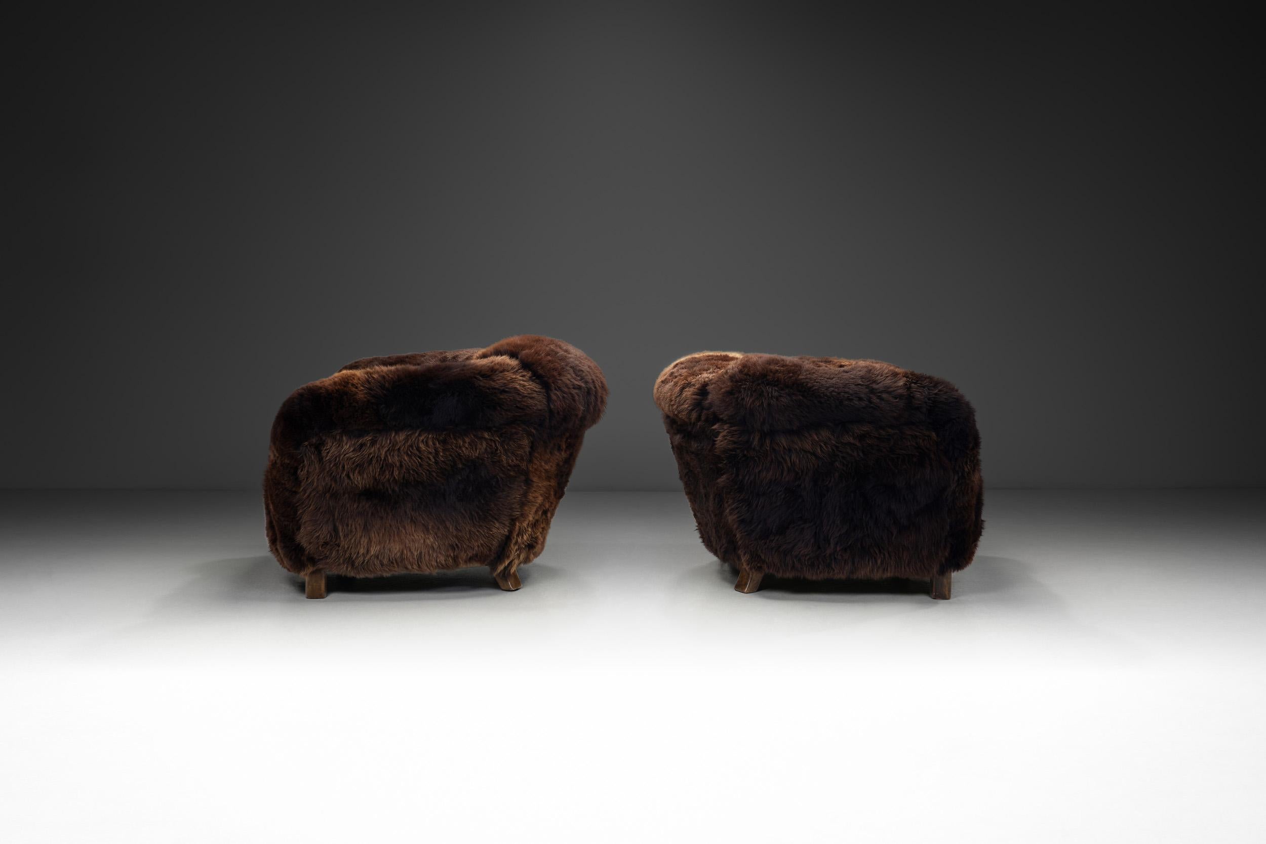 Mid-20th Century A Pair of Swedish Modern Club Chairs in Longhair Sheepskin, Sweden 1930s