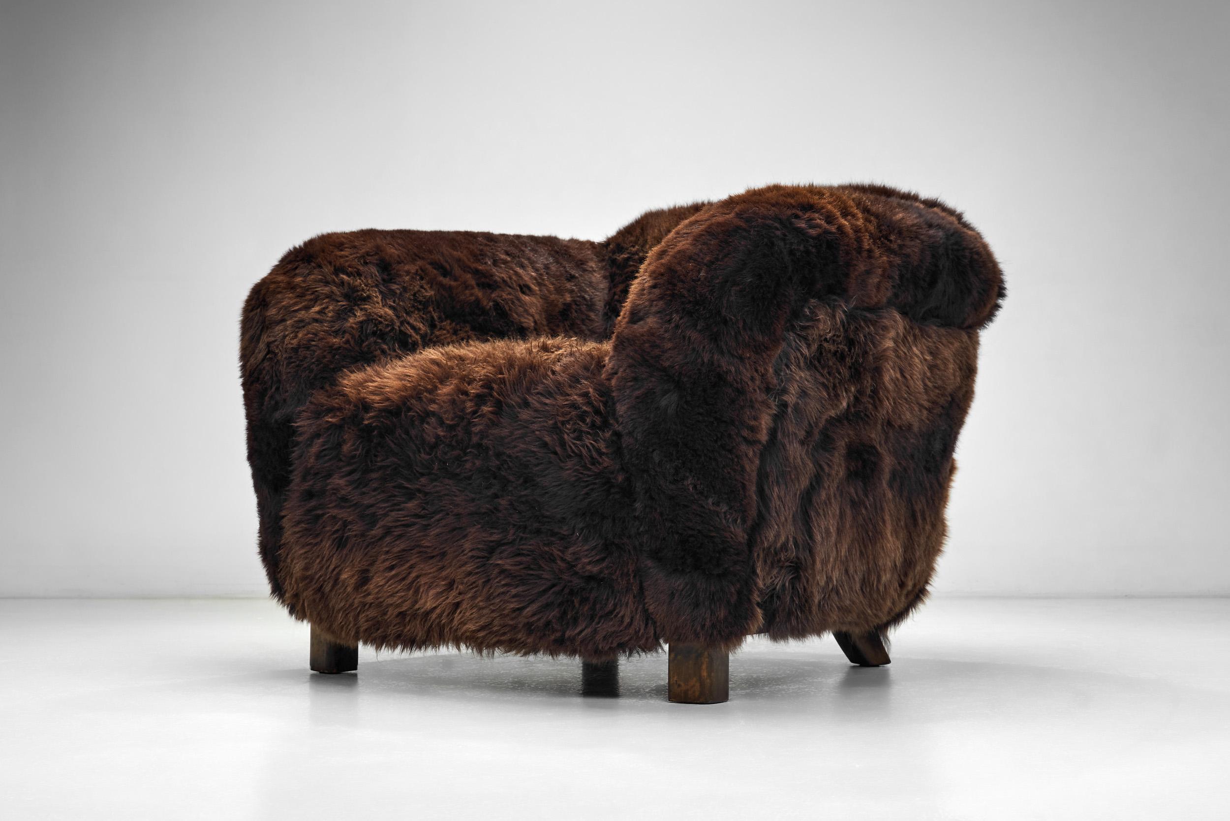 A Pair of Swedish Modern Club Chairs in Longhair Sheepskin, Sweden 1930s 1