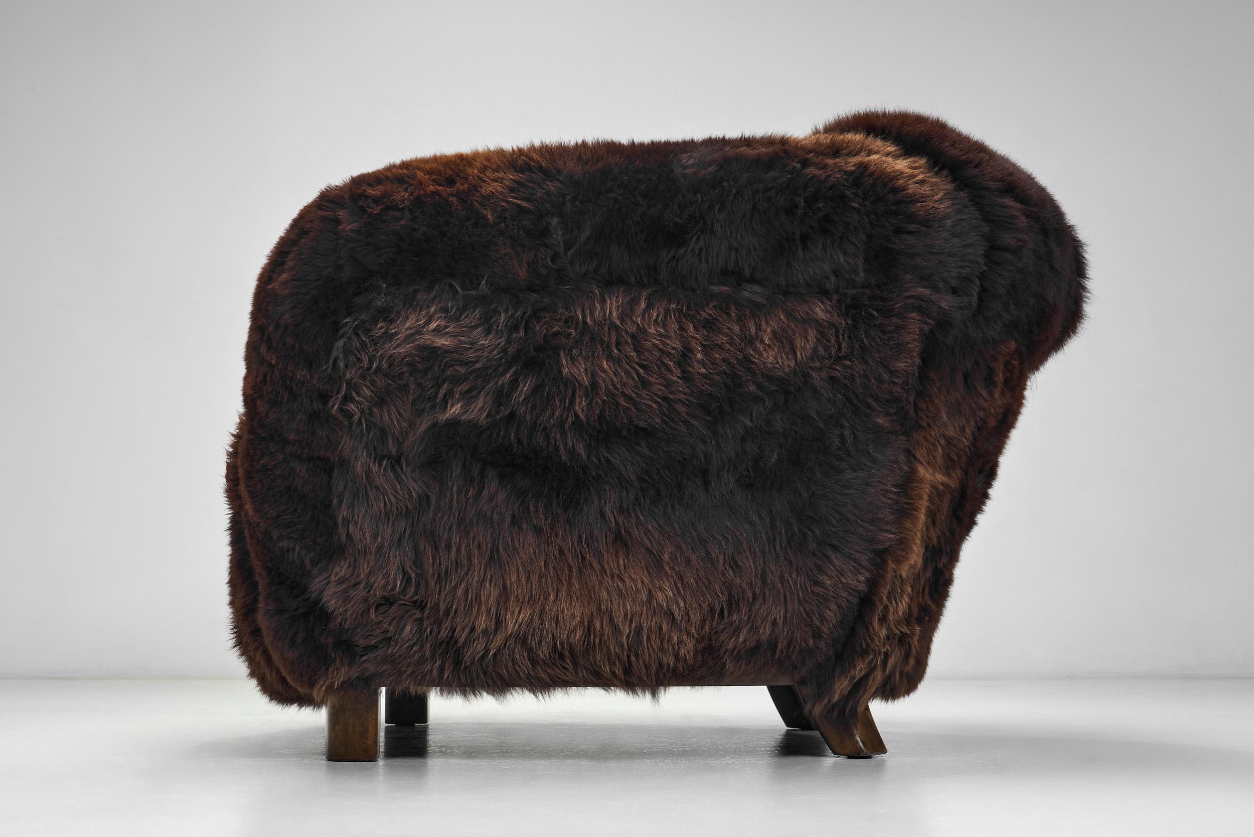 A Pair of Swedish Modern Club Chairs in Longhair Sheepskin, Sweden 1930s 2