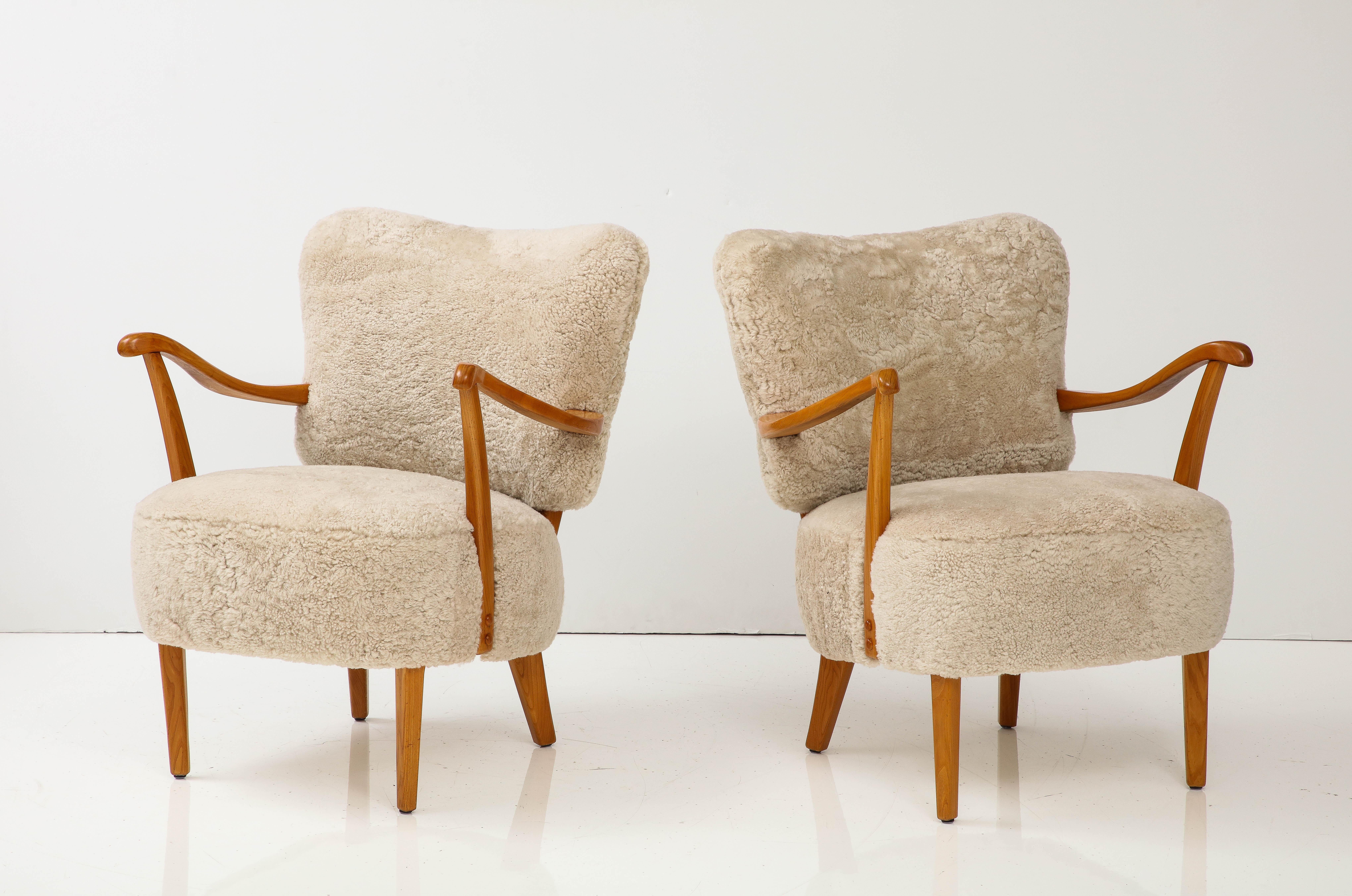 A Pair of Swedish Modern Sheepskin Upholstered Armchairs, Circa 1940-50 3