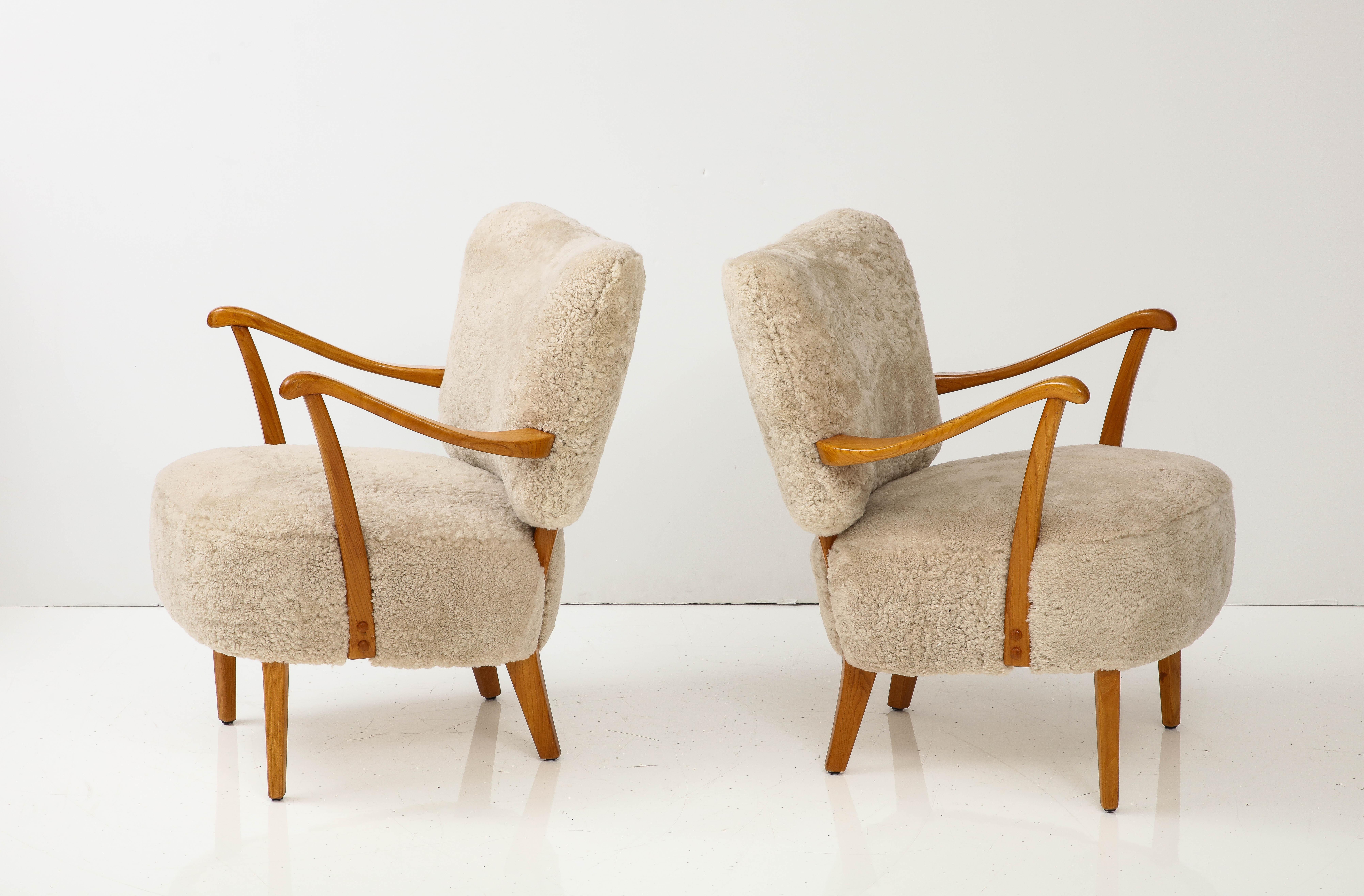 A Pair of Swedish Modern Sheepskin Upholstered Armchairs, Circa 1940-50 6