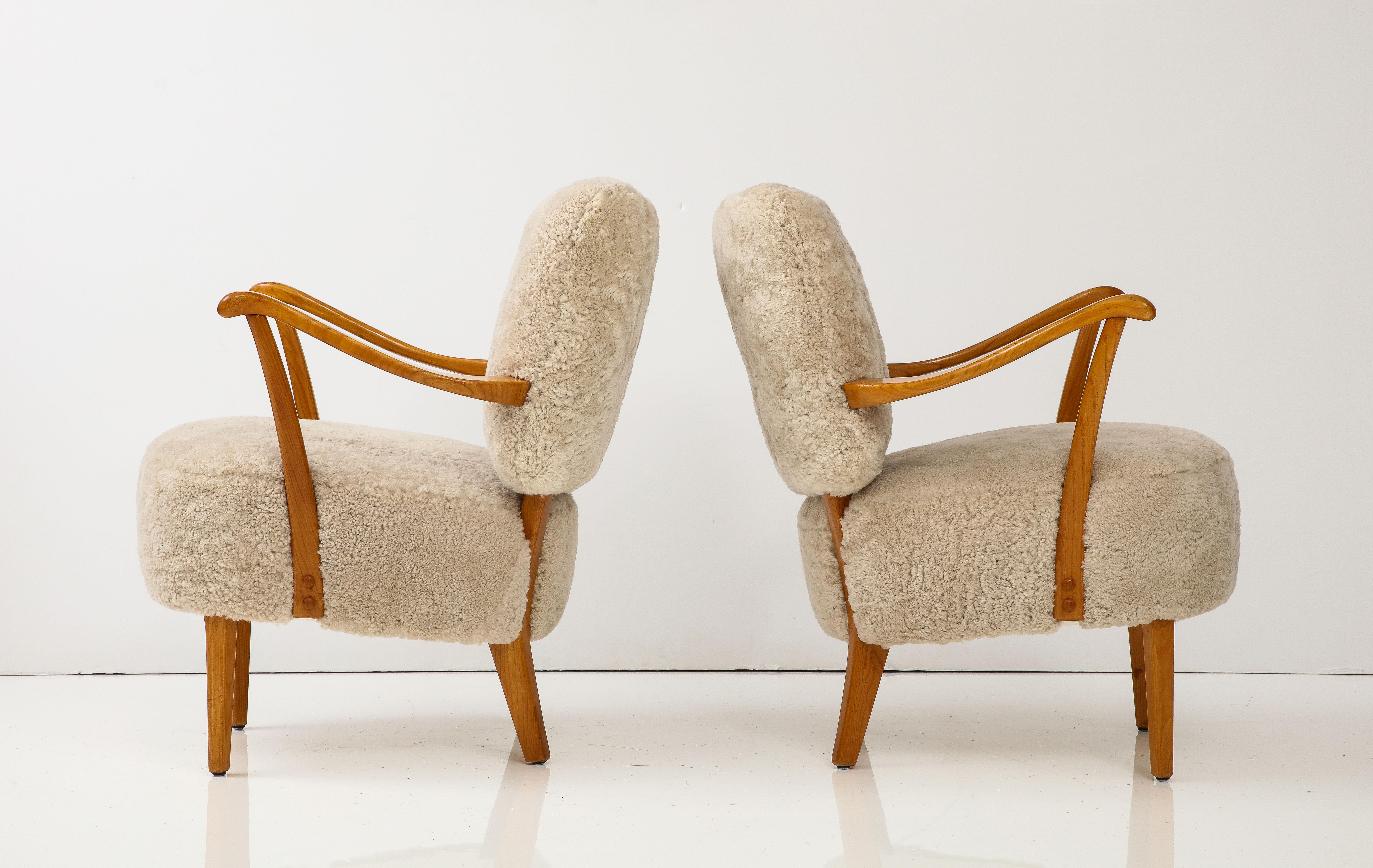 A Pair of Swedish Modern Sheepskin Upholstered Armchairs, Circa 1940-50 7