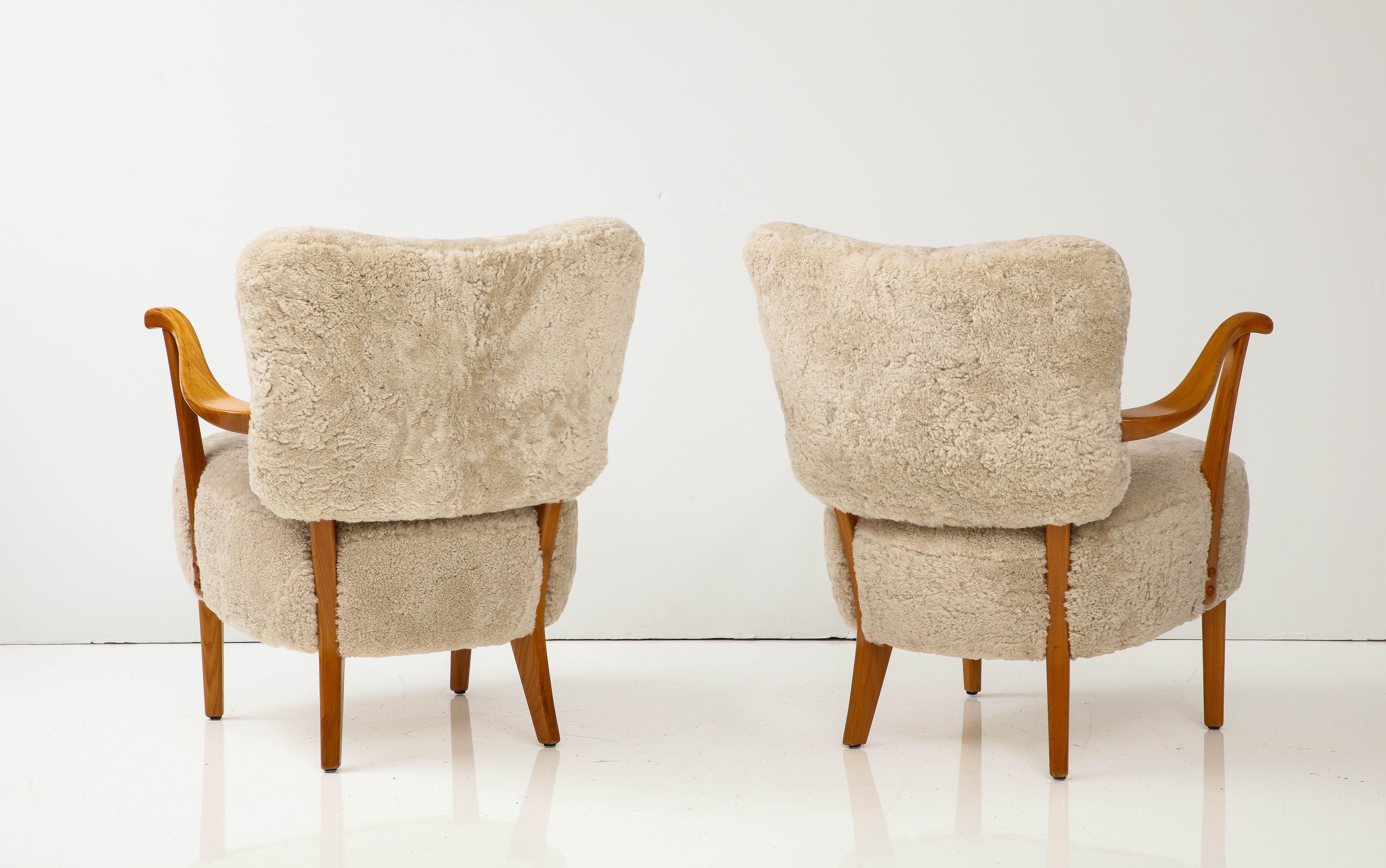 A Pair of Swedish Modern Sheepskin Upholstered Armchairs, Circa 1940-50 8