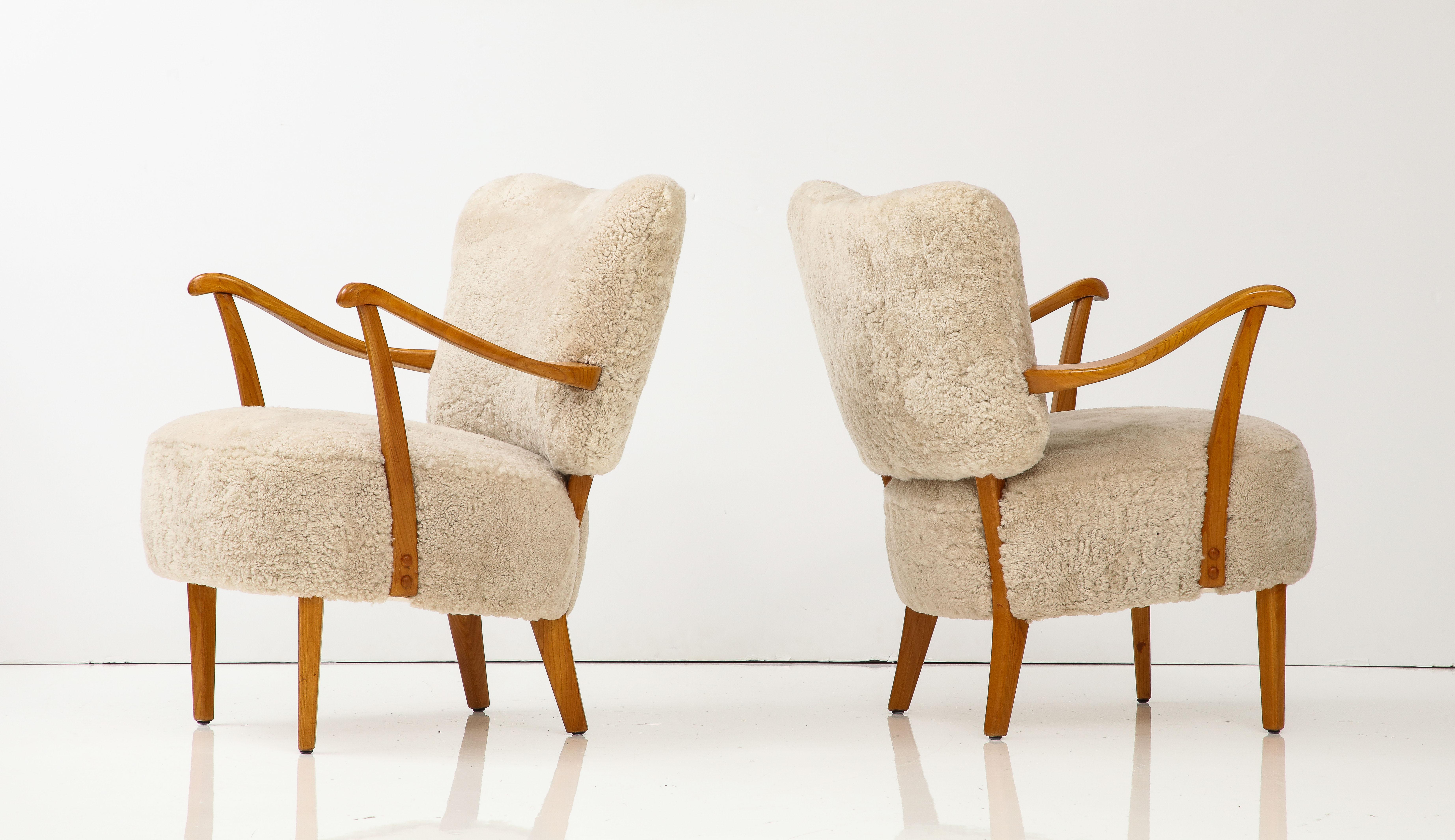 A Pair of Swedish Modern Sheepskin Upholstered Armchairs, Circa 1940-50 9