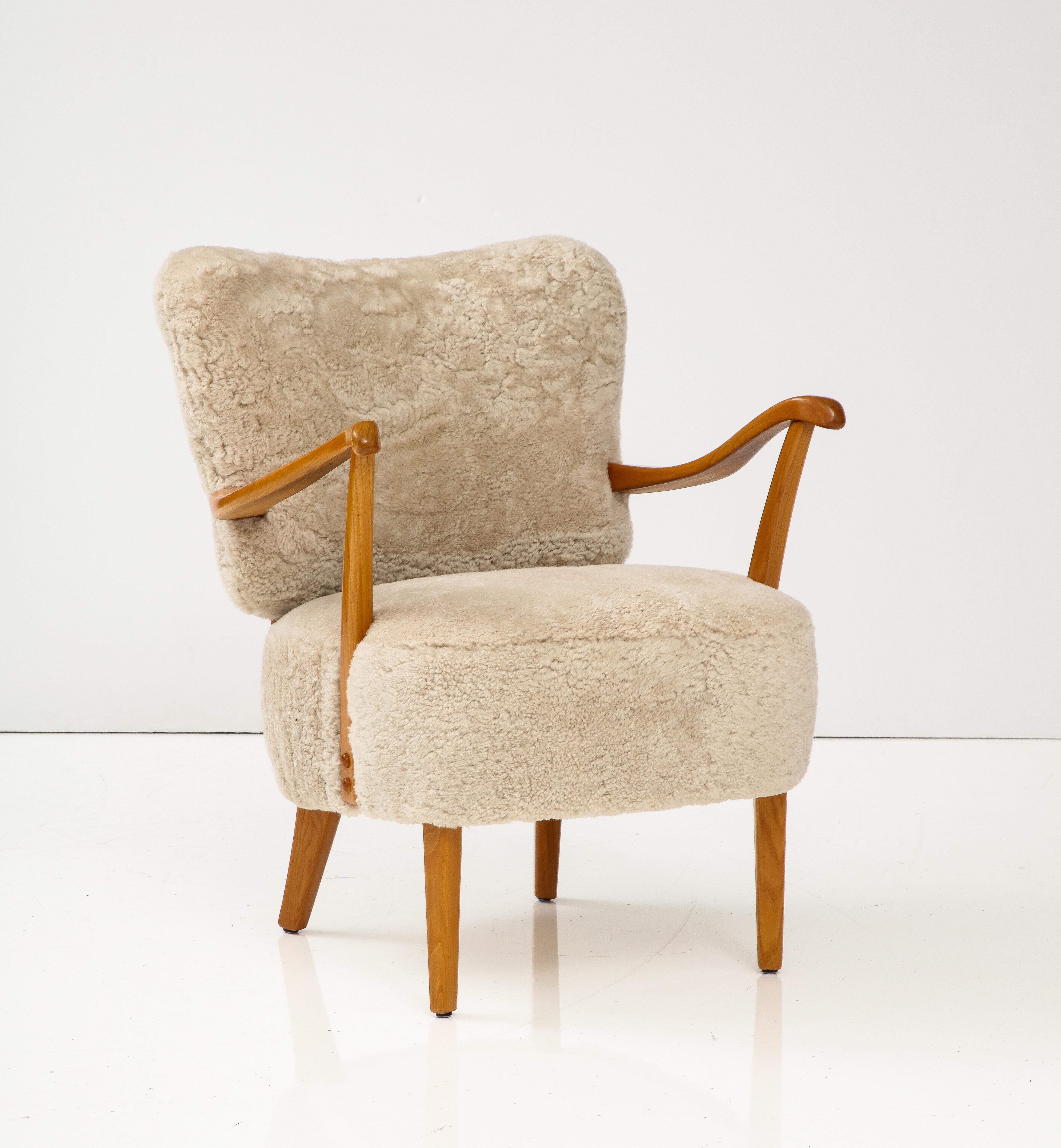 A Pair of Swedish Modern Sheepskin Upholstered Armchairs, Circa 1940-50 13