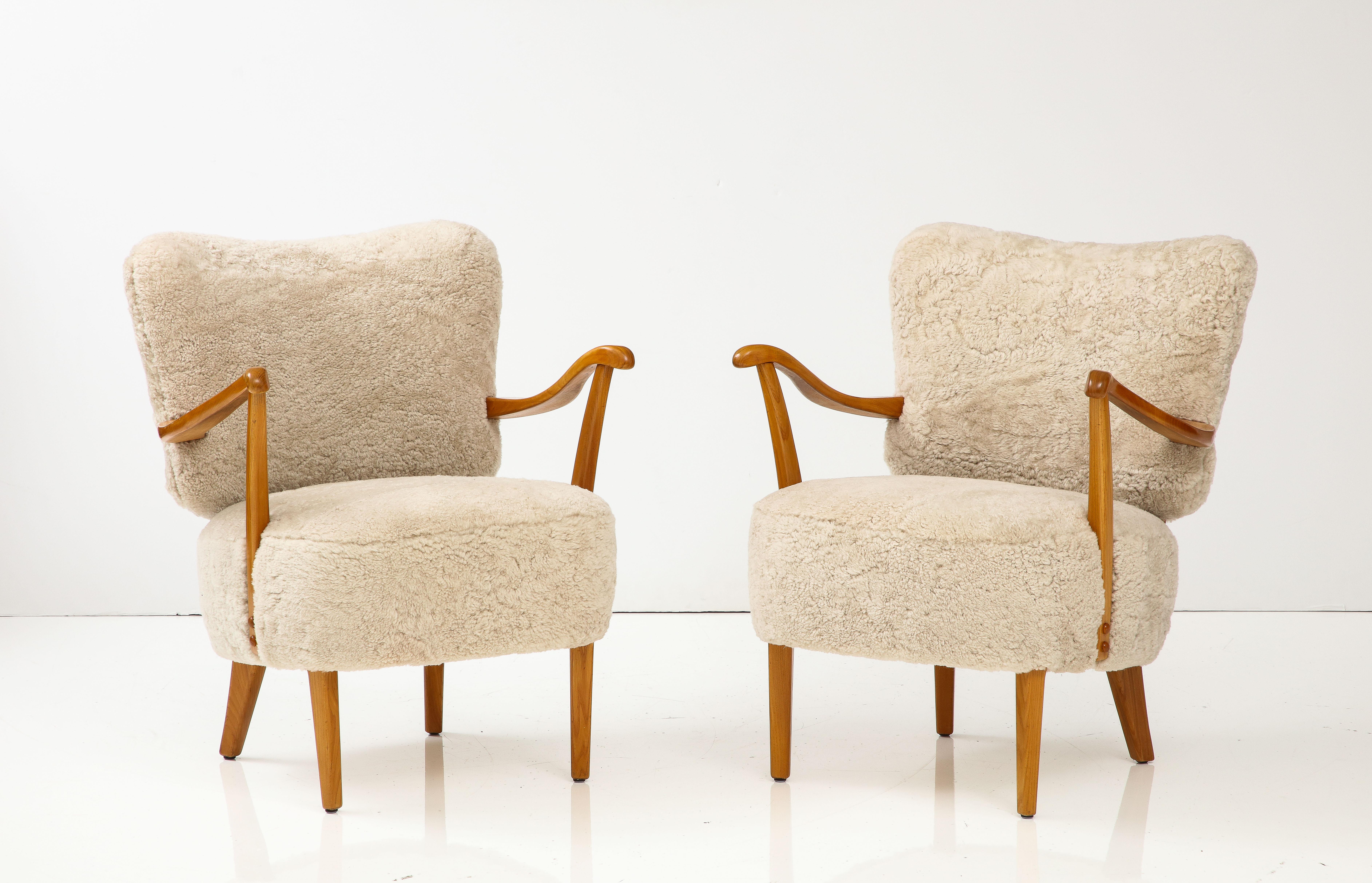Scandinavian Modern A Pair of Swedish Modern Sheepskin Upholstered Armchairs, Circa 1940-50