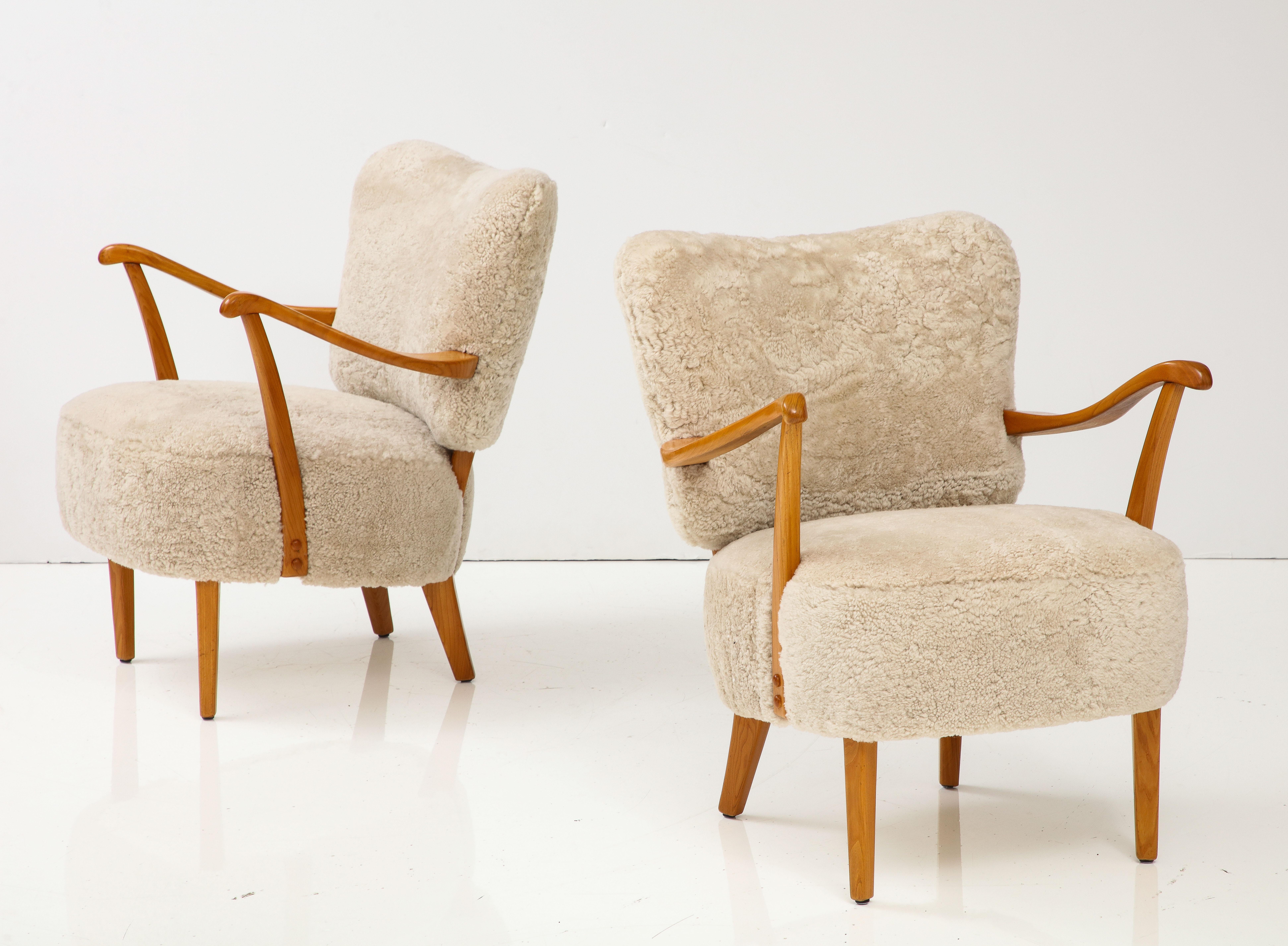 A Pair of Swedish Modern Sheepskin Upholstered Armchairs, Circa 1940-50 1