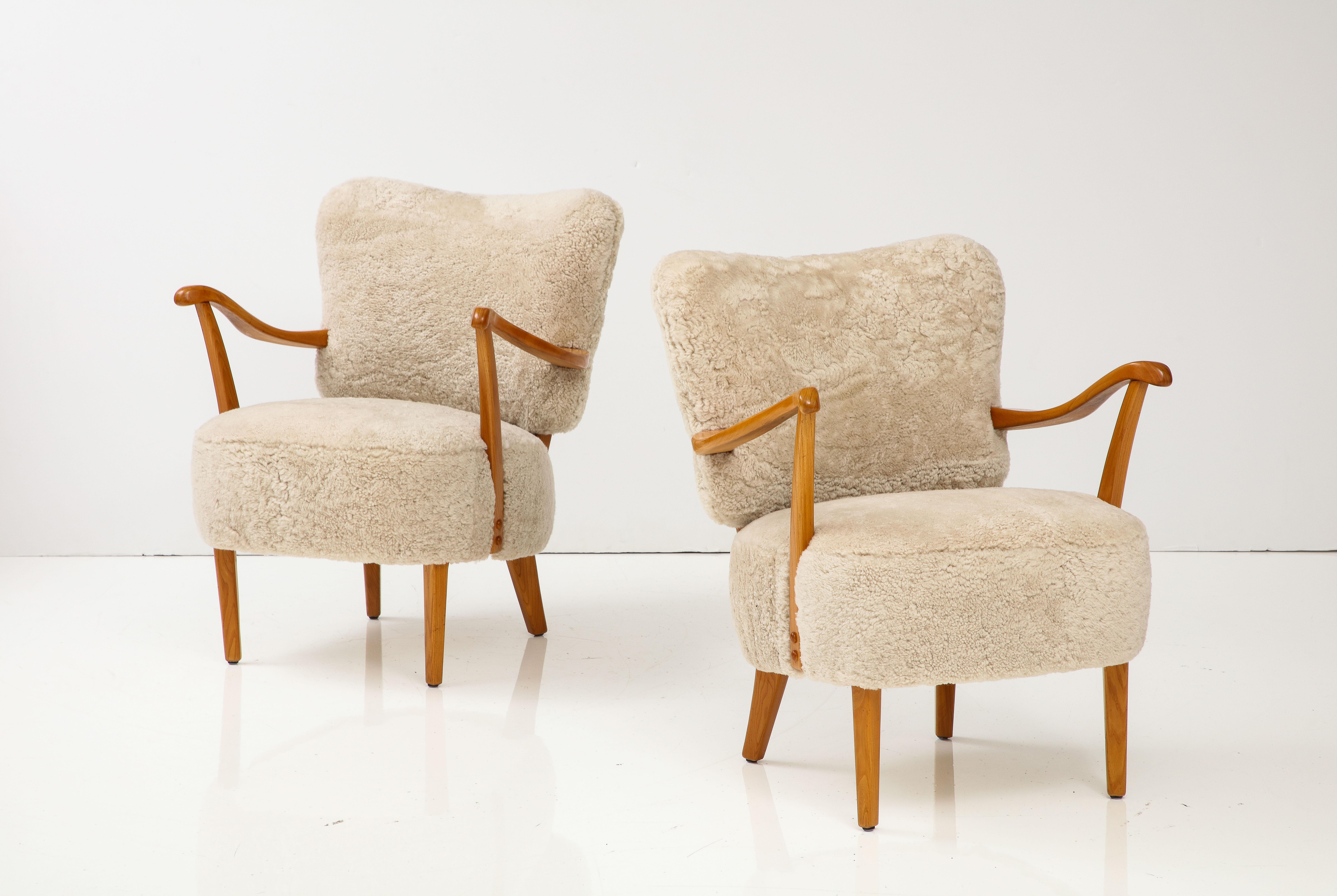 A Pair of Swedish Modern Sheepskin Upholstered Armchairs, Circa 1940-50 2