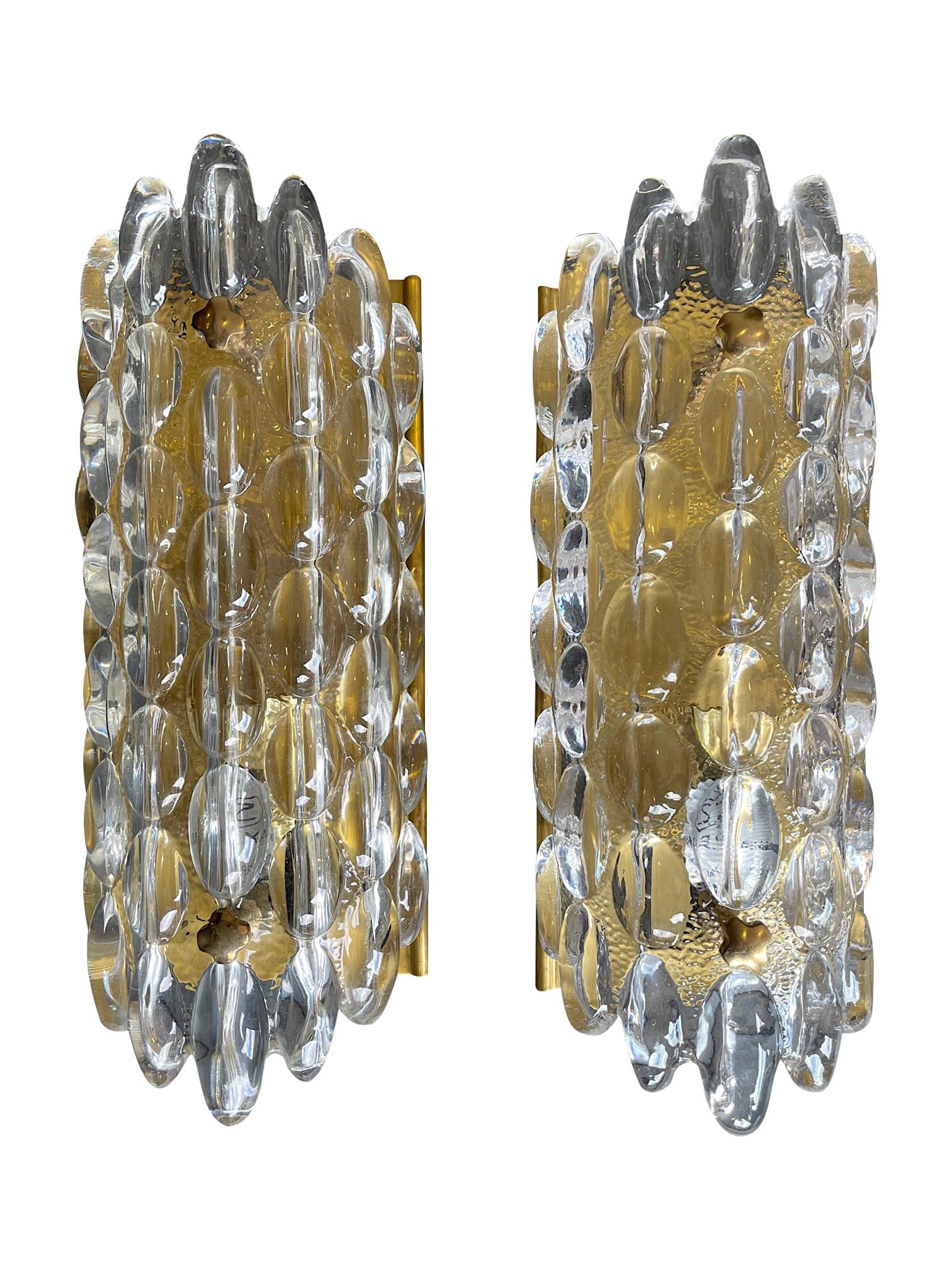 Pair of Swedish Orrefors Glass Wall Sconces by Carl Fagerlund on Brass Plates 5