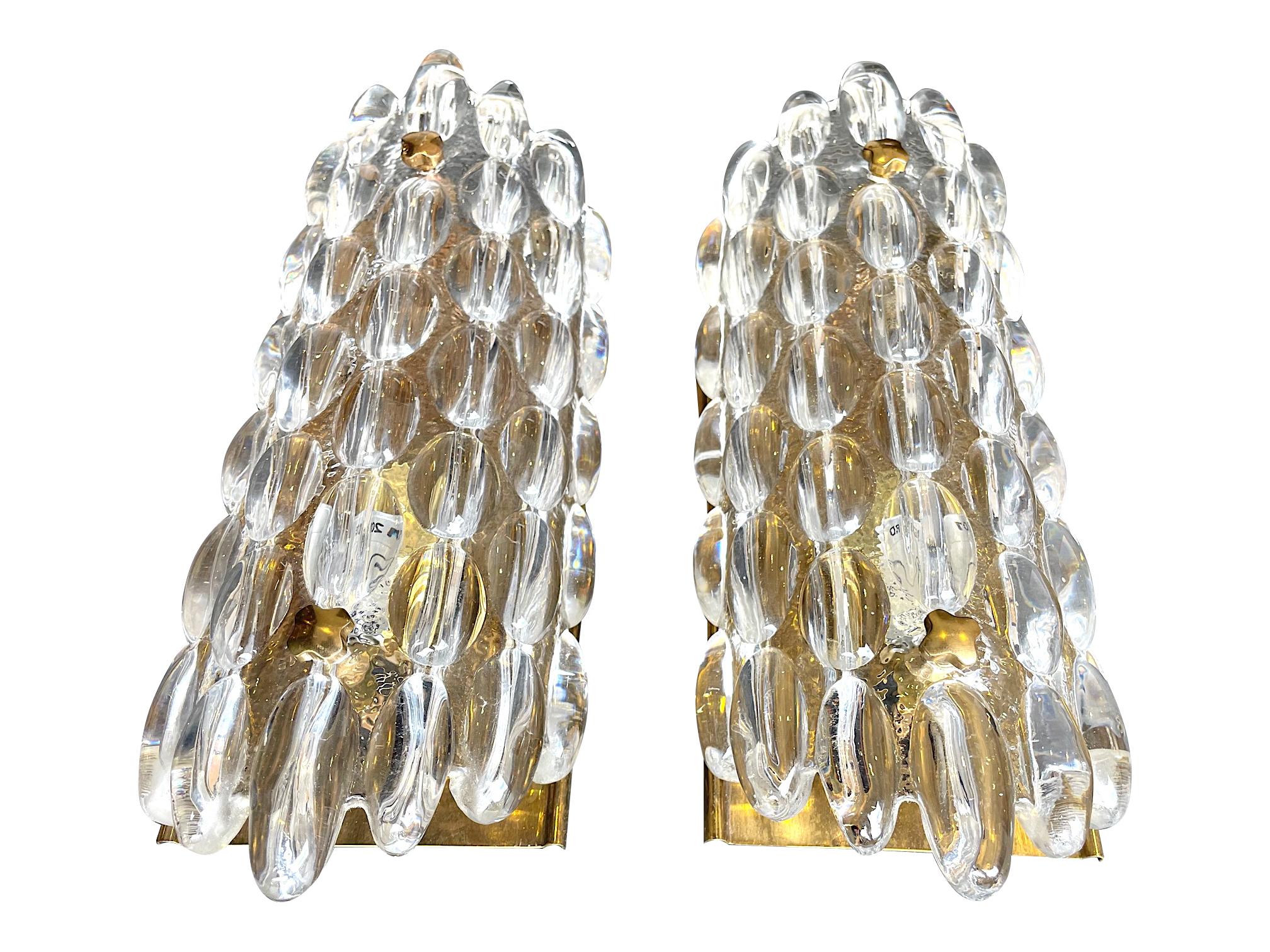 Pair of Swedish Orrefors Glass Wall Sconces by Carl Fagerlund on Brass Plates In Good Condition In London, GB