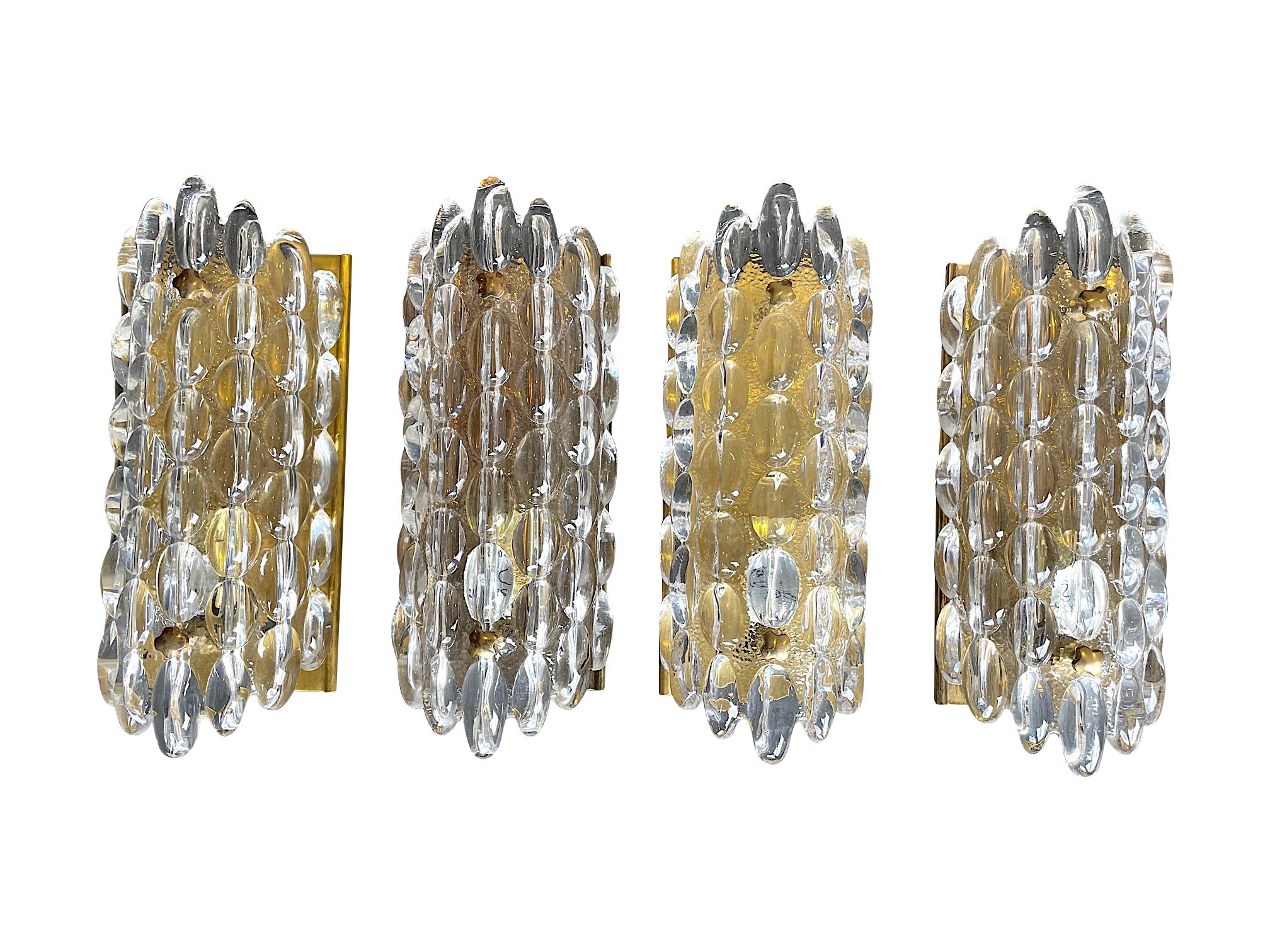 Mid-20th Century Pair of Swedish Orrefors Glass Wall Sconces by Carl Fagerlund on Brass Plates