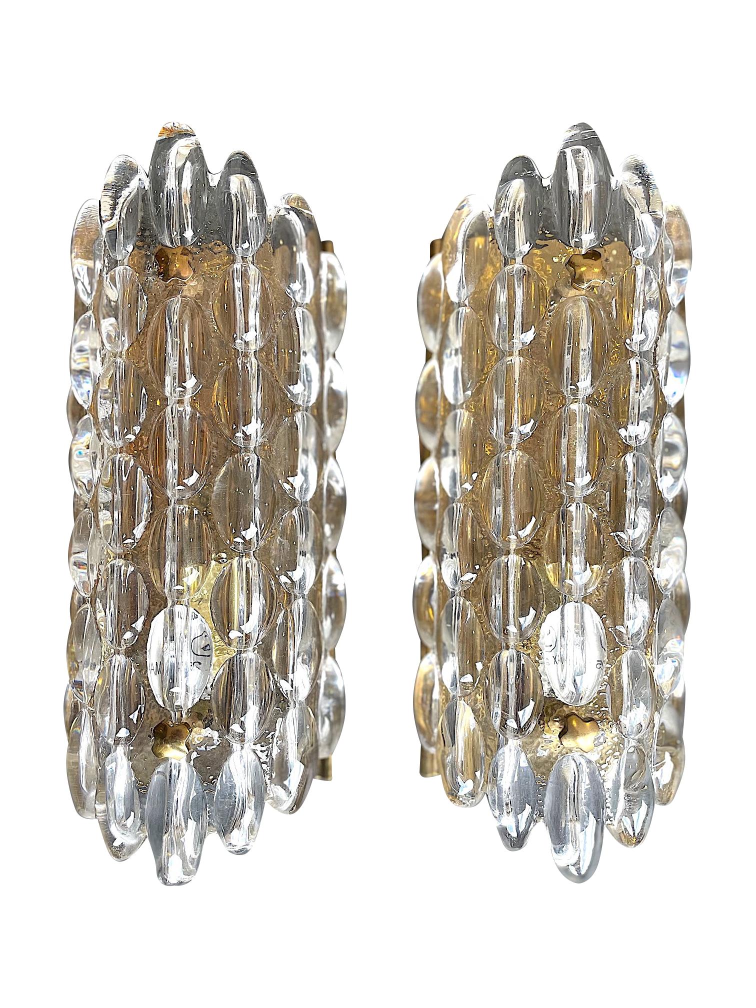 Pair of Swedish Orrefors Glass Wall Sconces by Carl Fagerlund on Brass Plates 2