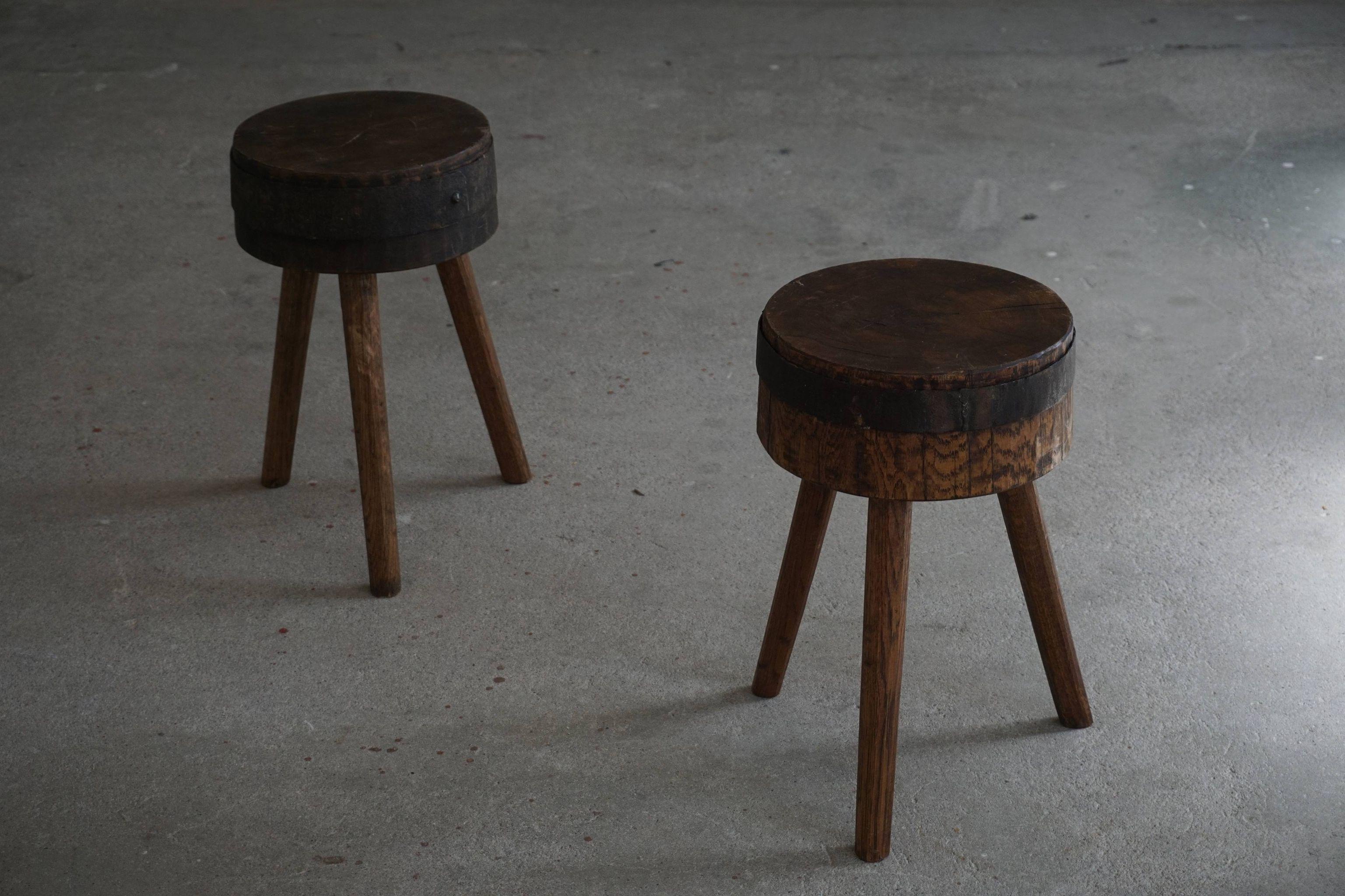 Primitive Pair of Swedish Rustic Stools in Solid Wood, Early 20th Century