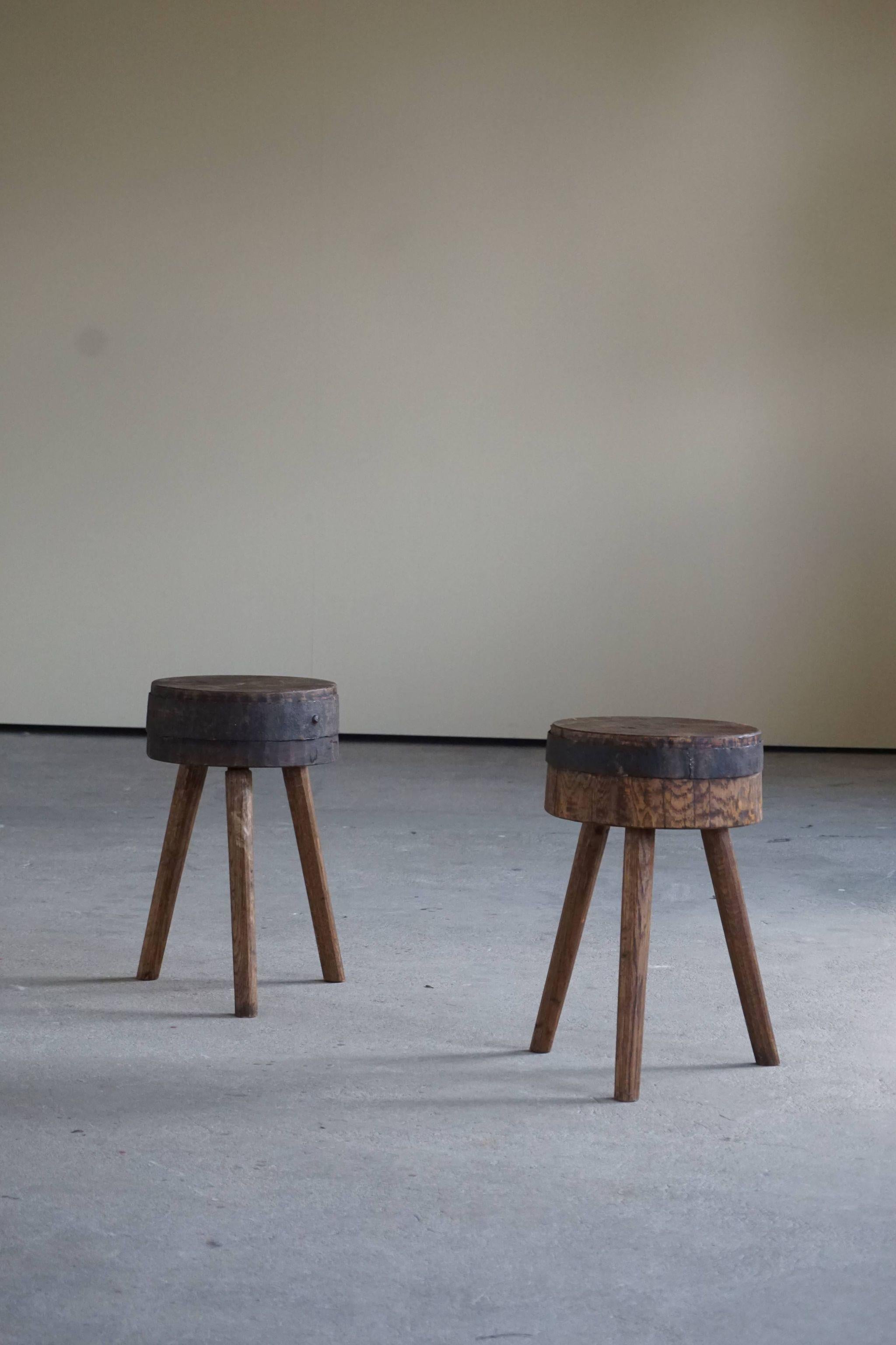 Pair of Swedish Rustic Stools in Solid Wood, Early 20th Century 4