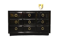 A Pair of T. H. Robsjohn Gibbings for Widdicomb Black Lacquer and Brass Chests