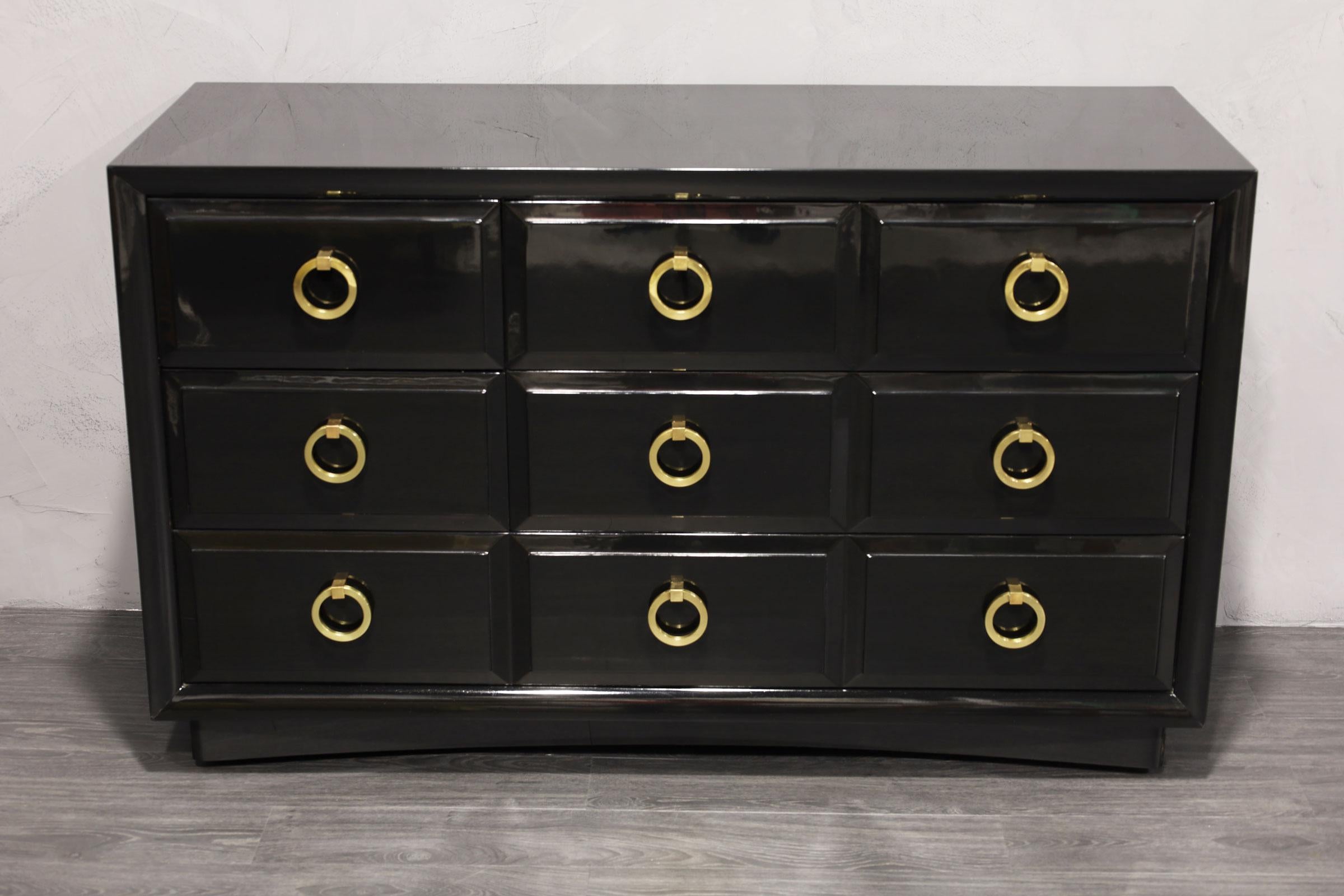 American A Pair of T. H. Robsjohn Gibbings for Widdicomb Black Lacquer and Brass Chests For Sale