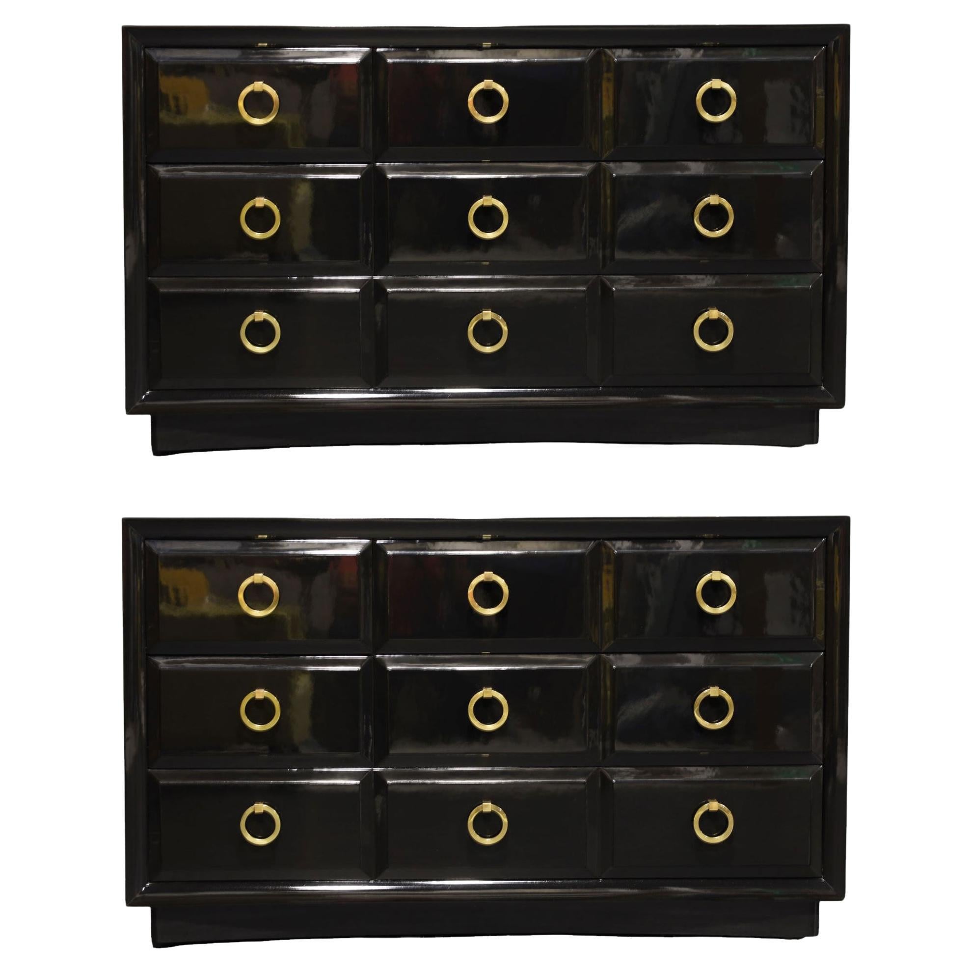 A Pair of T. H. Robsjohn Gibbings for Widdicomb Black Lacquer and Brass Chests For Sale