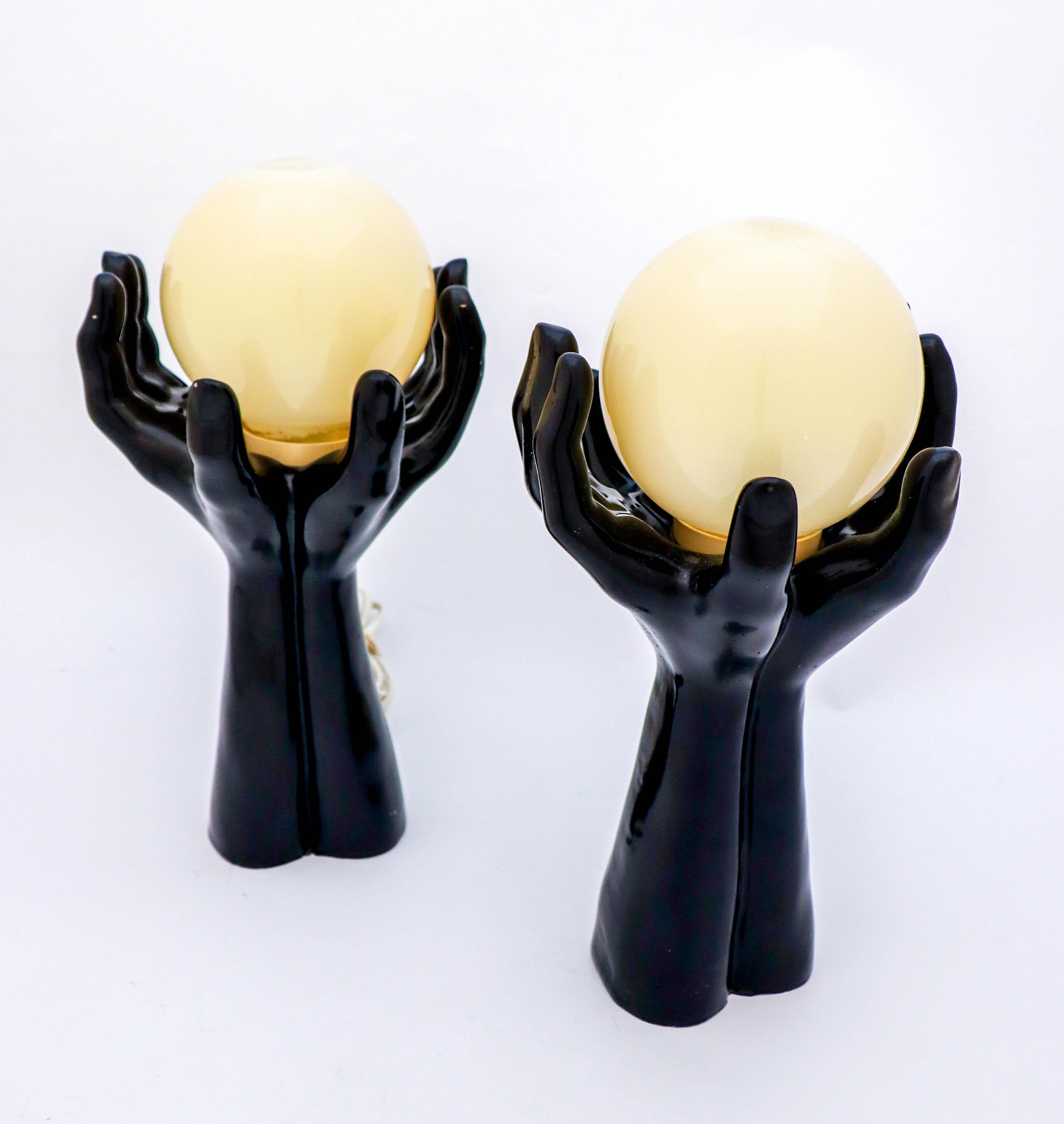 Mid-Century Modern Pair of Table Lamps, Black Hands with Globes, Glass & Synthetic Material 