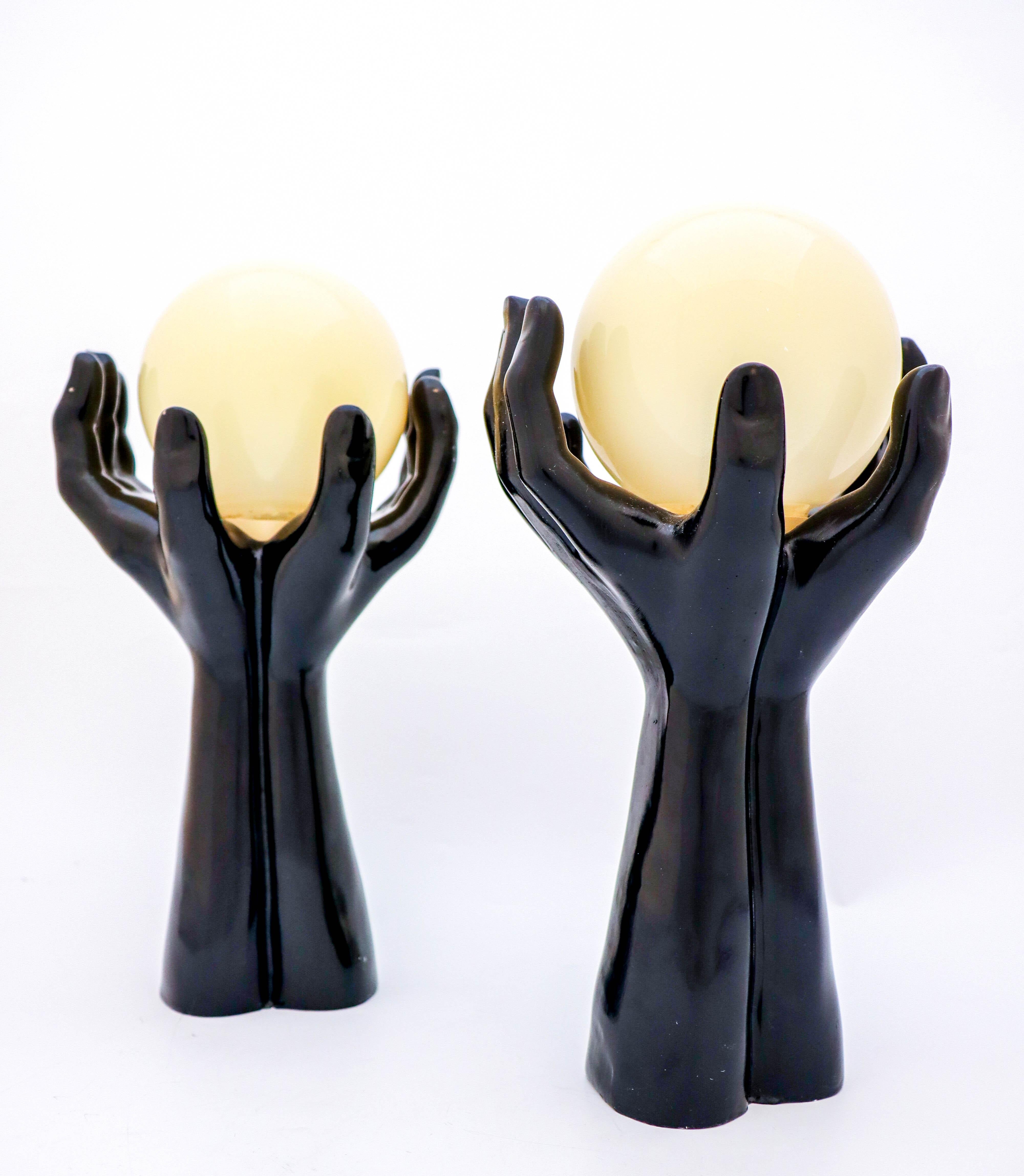 French Pair of Table Lamps, Black Hands with Globes, Glass & Synthetic Material 