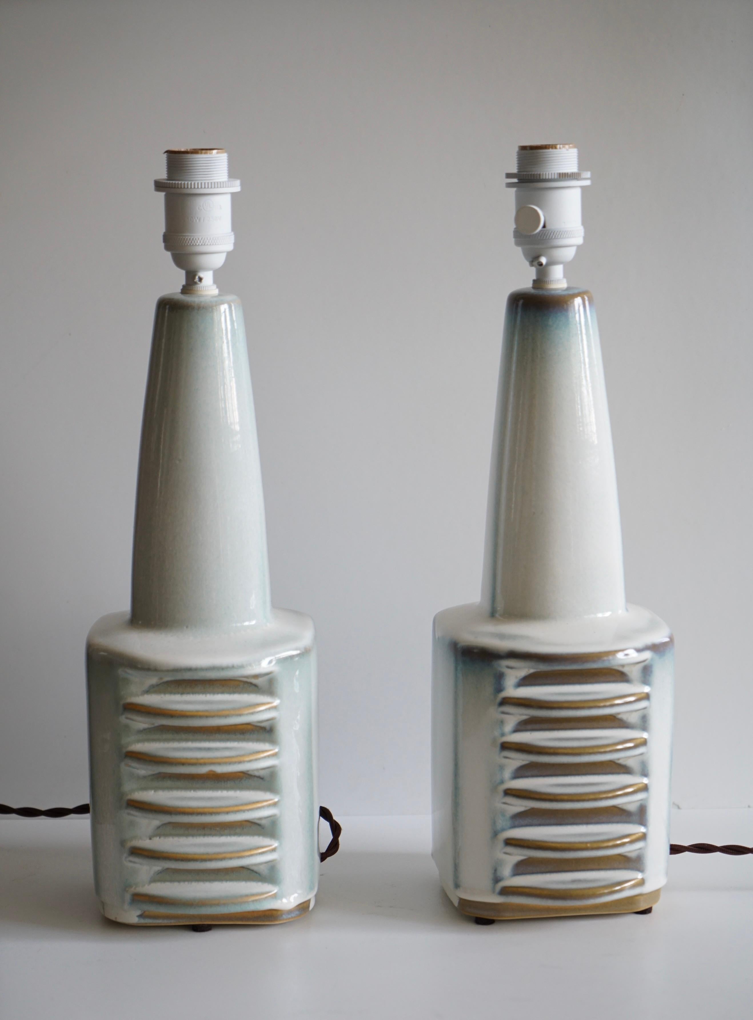 A pair of stoneware table lights, by Einar Johansen for Søholm, Denmark, 1950's/60's.
Signed and marked by manufacturer. 
Newly rewired.