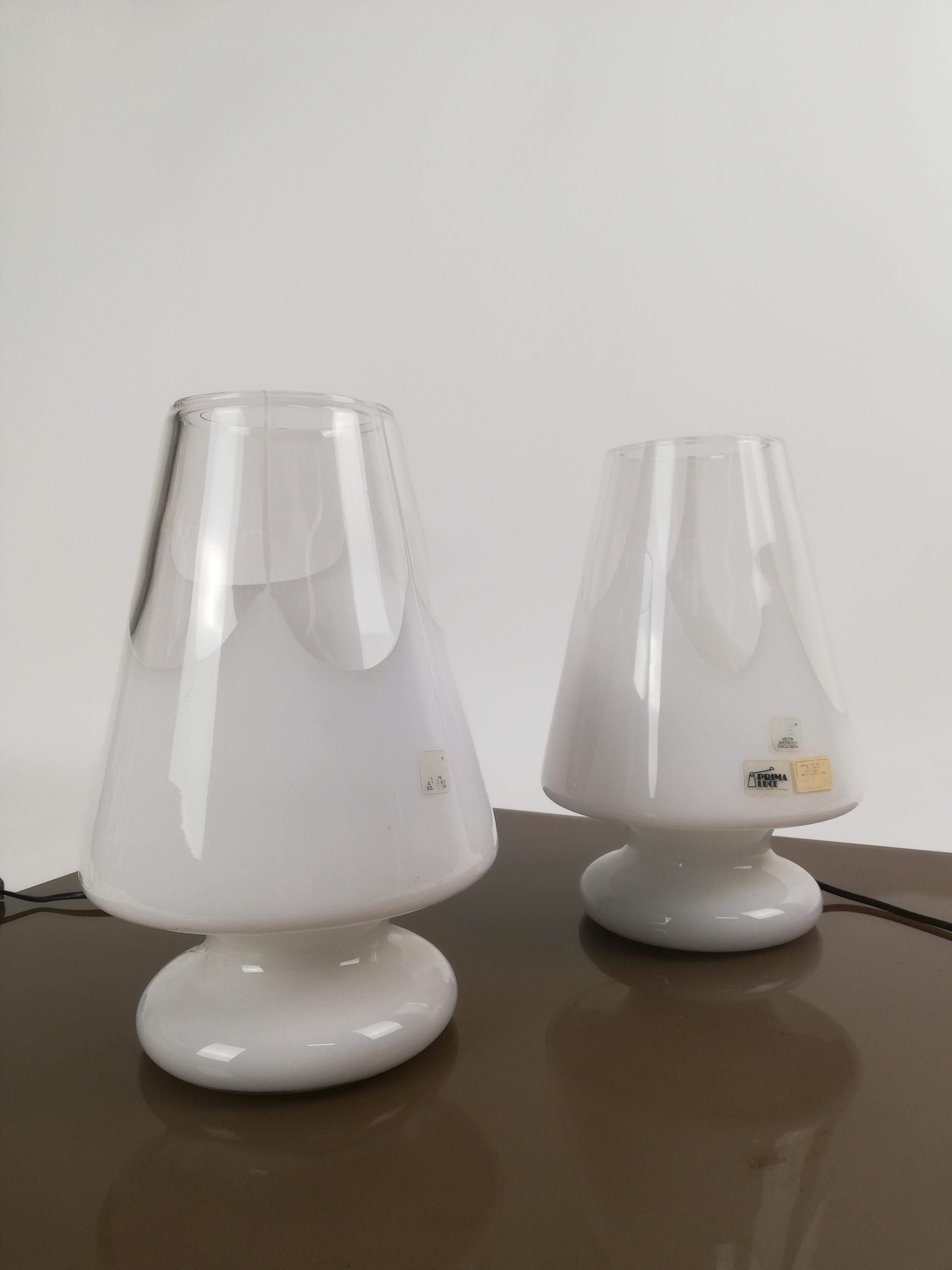 Italian Pair of Table Lamps by Prima Luce in White Artistic Murano Glass, Italy, 1970s For Sale
