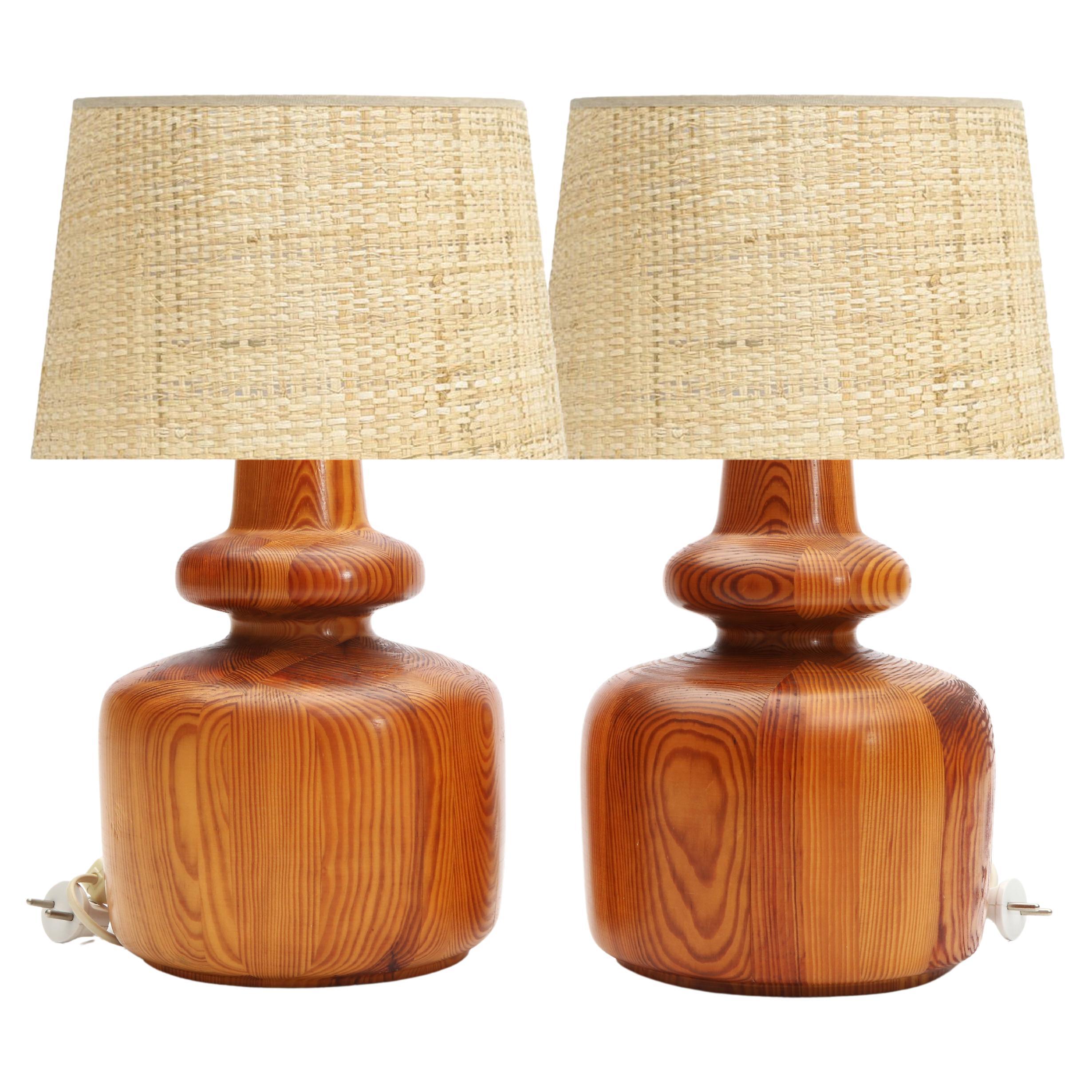 A Pair of Table Lamps in Solid Pine from Sweden, 1970s For Sale