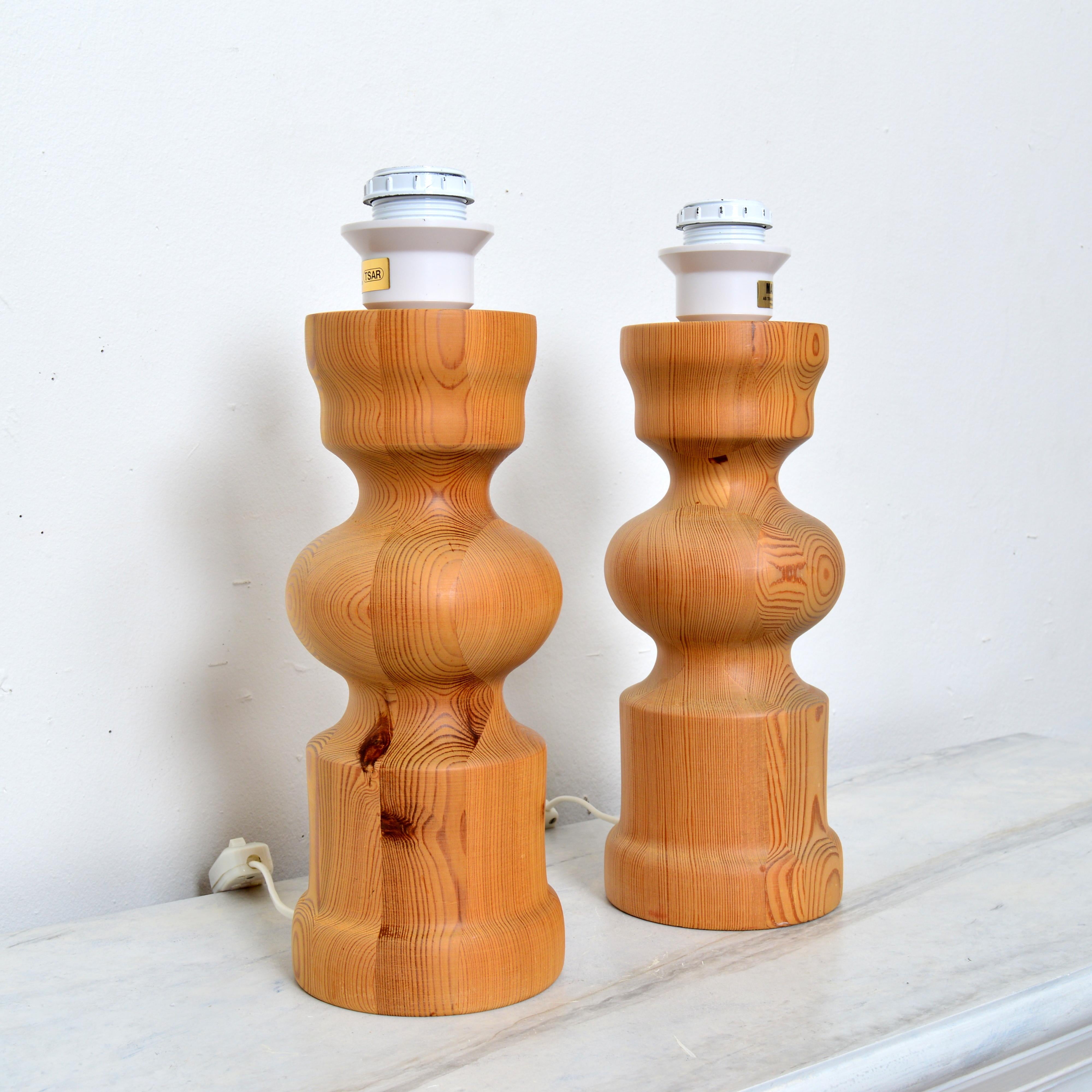 Late 20th Century A Pair of Table Lamps, Turned Solid Pine, Tranås Stilarmatur Sweden, 1970s For Sale