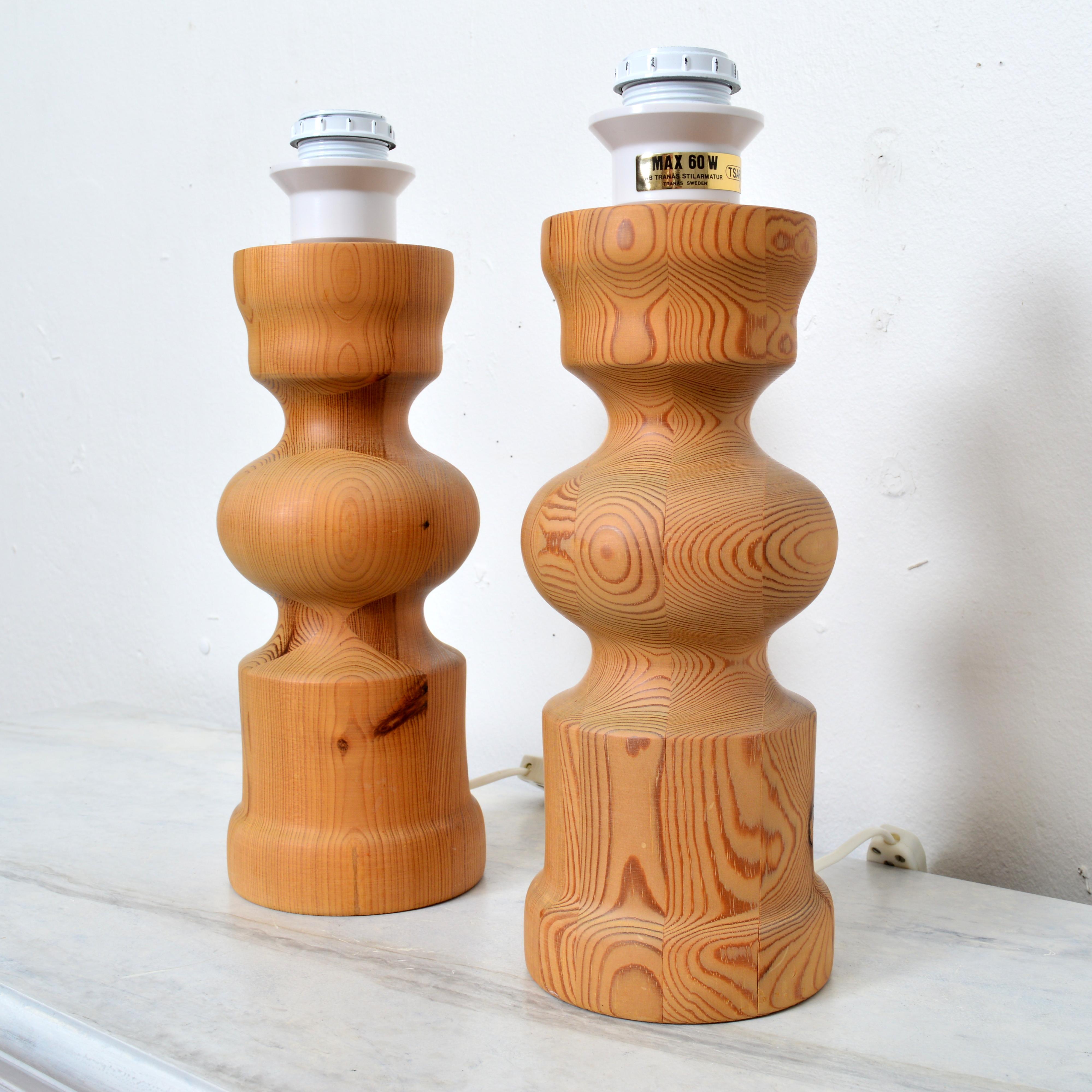 Plastic A Pair of Table Lamps, Turned Solid Pine, Tranås Stilarmatur Sweden, 1970s For Sale