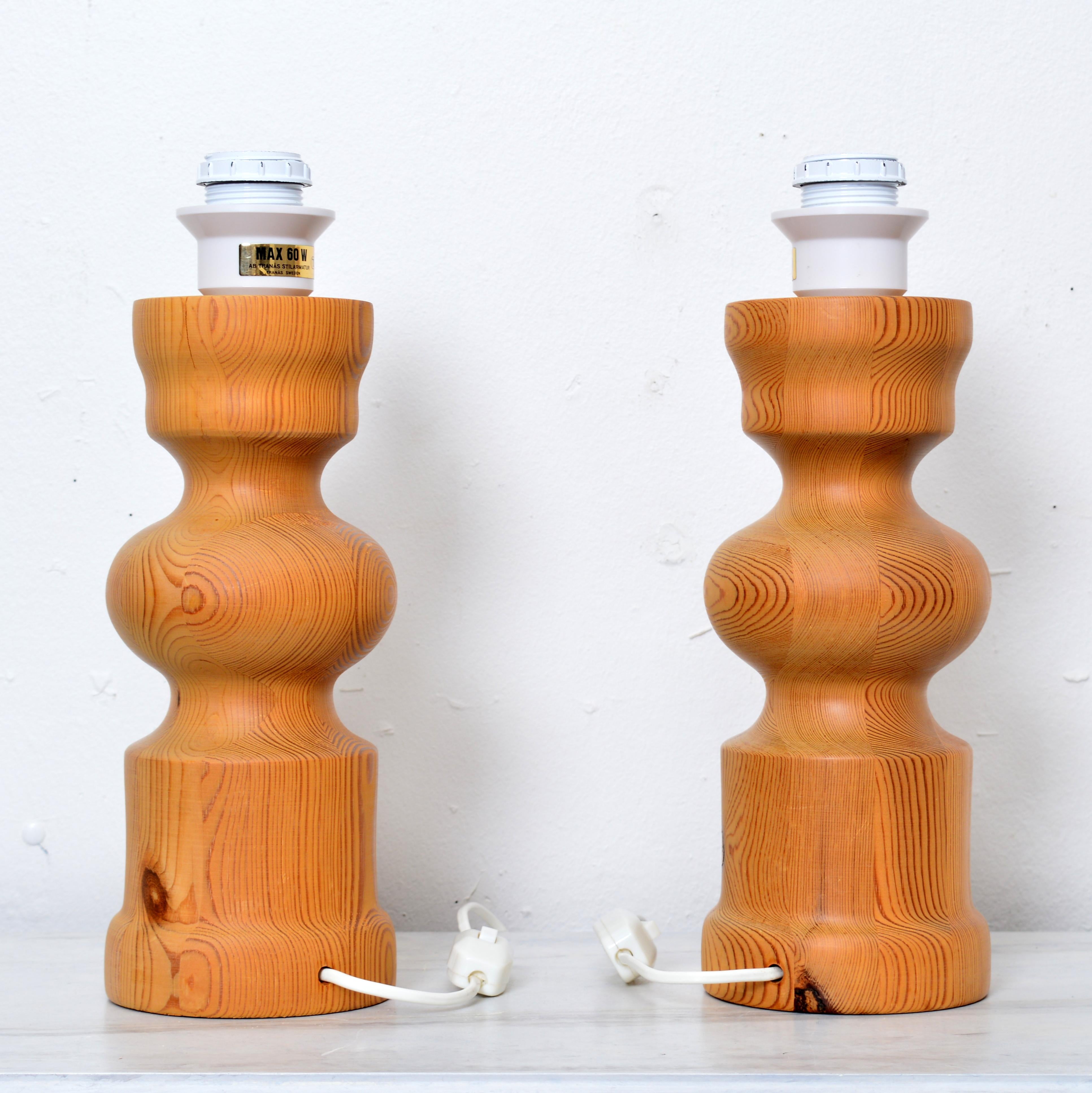 A Pair of Table Lamps, Turned Solid Pine, Tranås Stilarmatur Sweden, 1970s For Sale 2