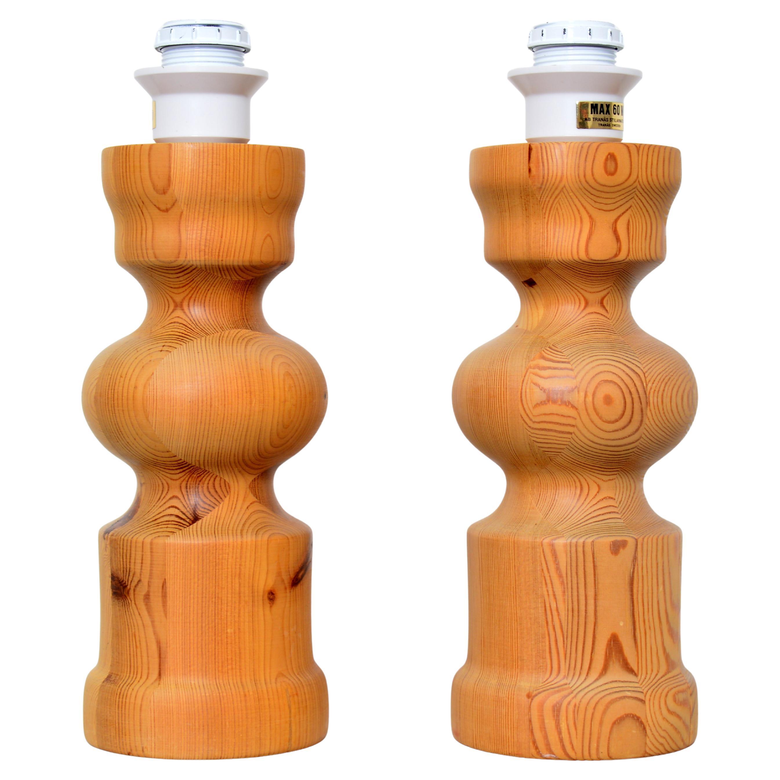 A Pair of Table Lamps, Turned Solid Pine, Tranås Stilarmatur Sweden, 1970s For Sale