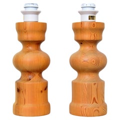 Vintage A Pair of Table Lamps, Turned Solid Pine, Tranås Stilarmatur Sweden, 1970s