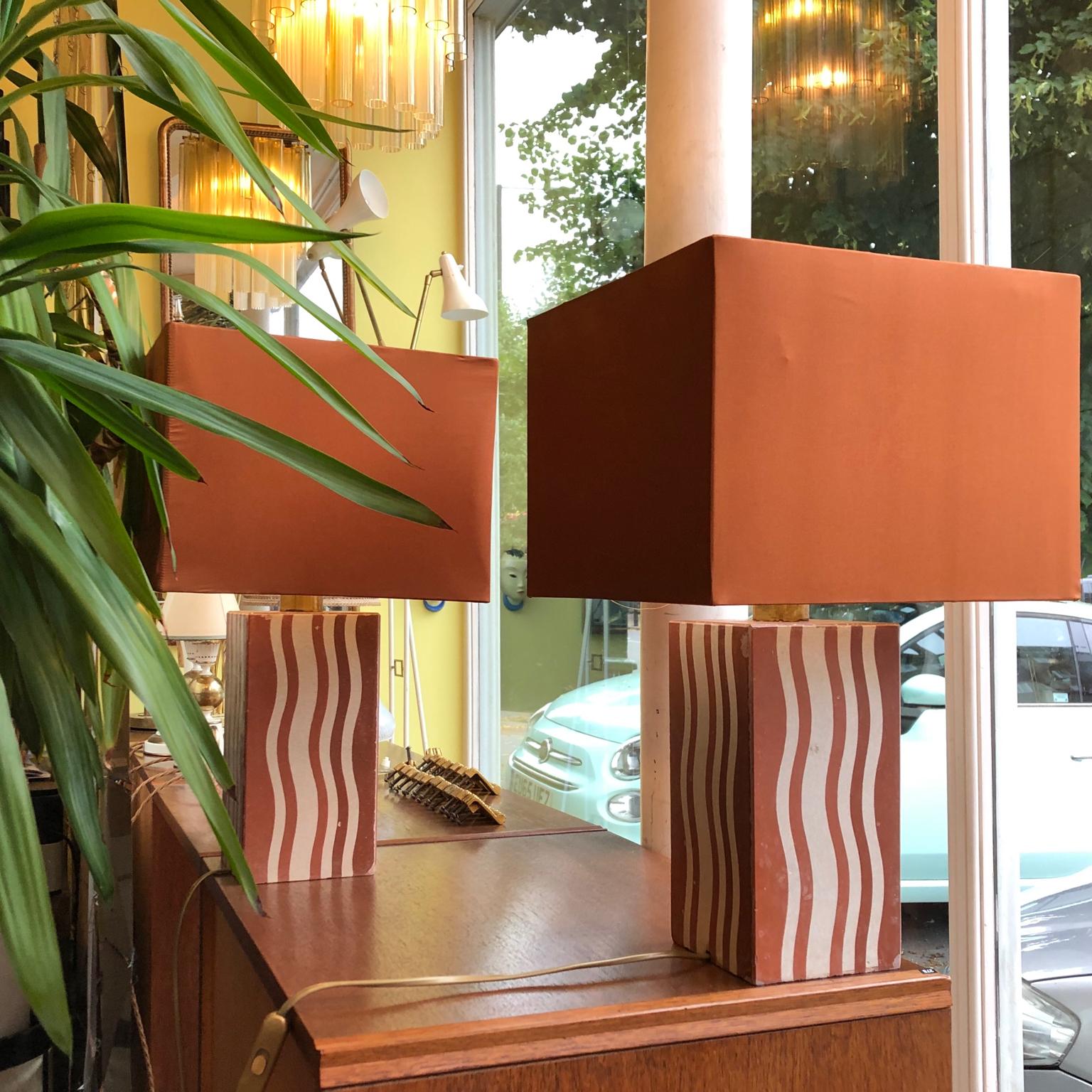 European Pair of Table Lamps with 1930s Reclaimed Art Deco Tiles, Off-White and Brick
