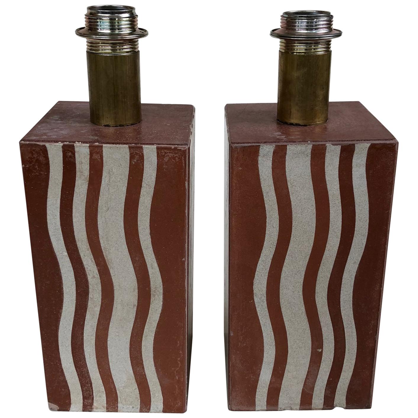 Pair of Table Lamps with 1930s Reclaimed Art Deco Tiles, Off-White and Brick In Fair Condition In London, GB