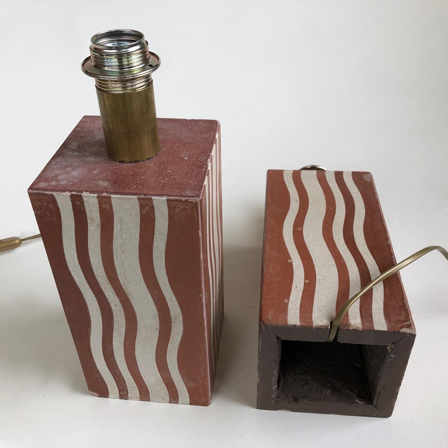 Terracotta Pair of Table Lamps with 1930s Reclaimed Art Deco Tiles, Off-White and Brick