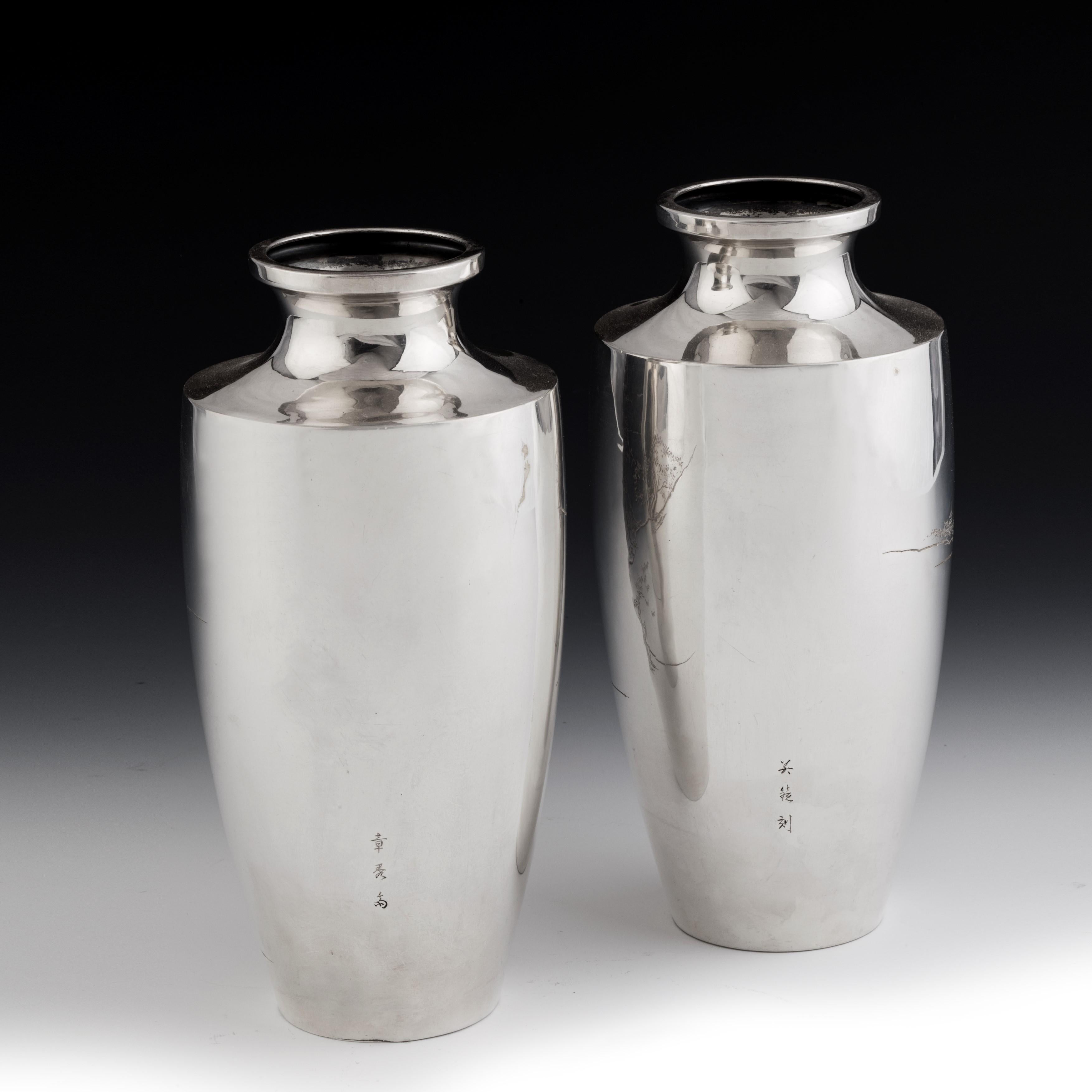 Pair of Taisho Period Silver Vases In Good Condition In Lymington, Hampshire