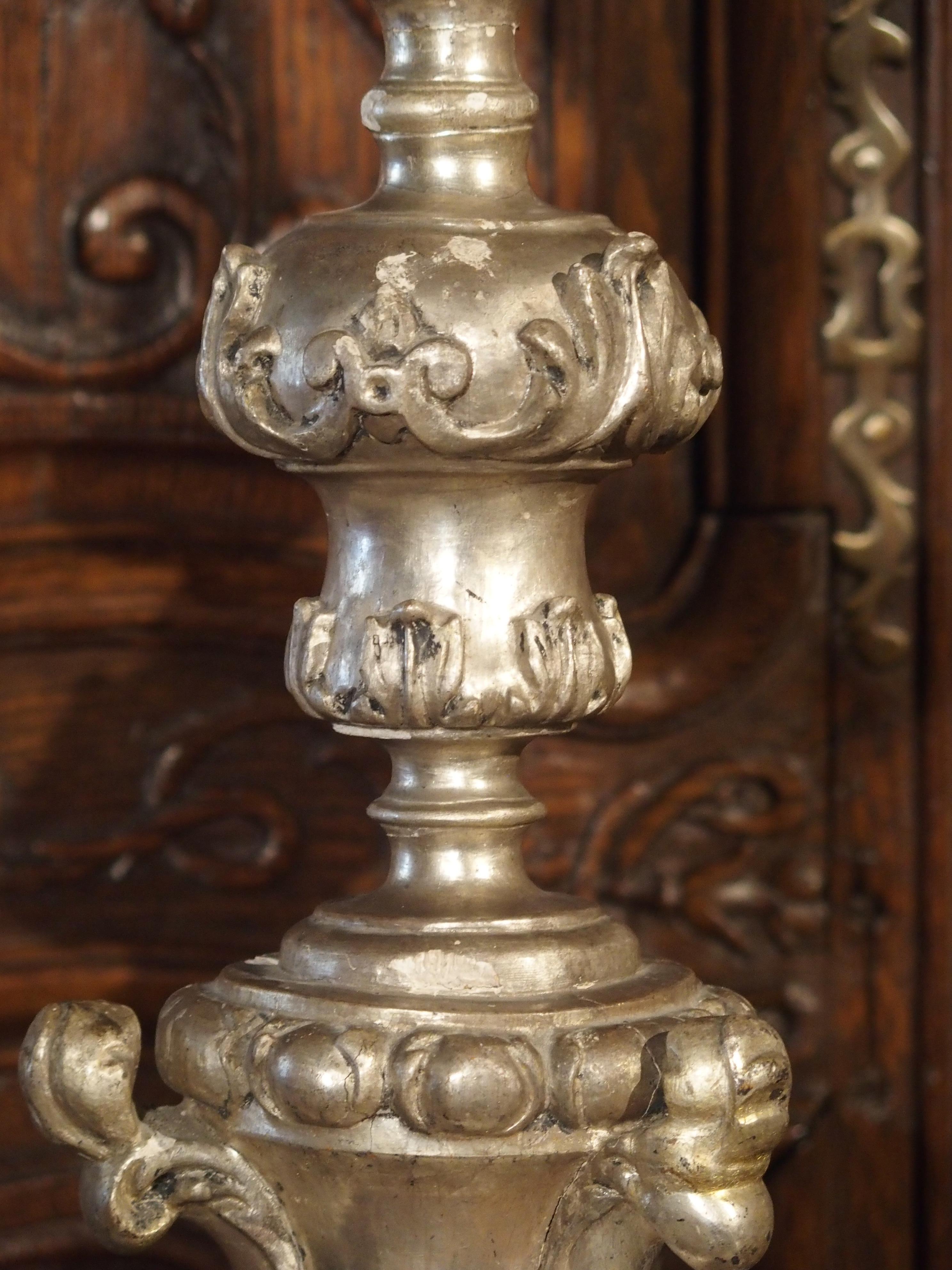 Pair of Tall 17th Century Silverleaf Candlesticks from Italy 3
