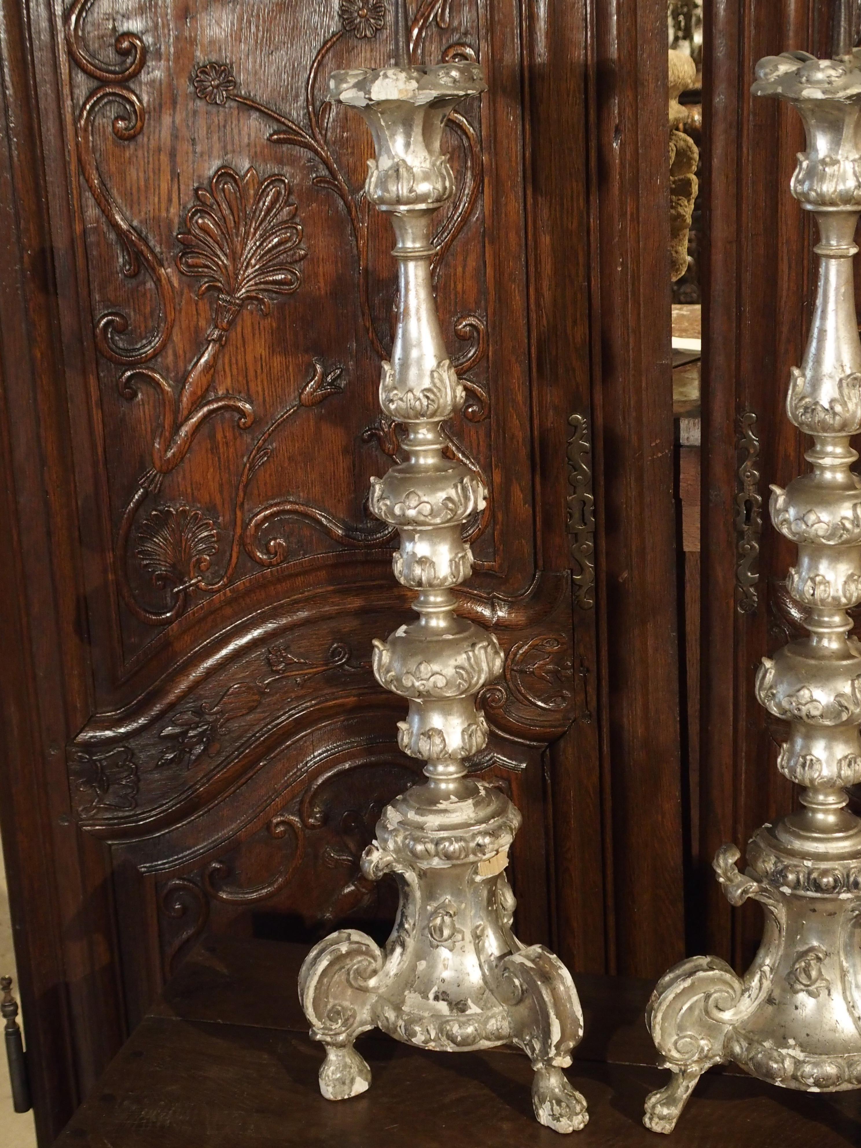 Pair of Tall 17th Century Silverleaf Candlesticks from Italy 3