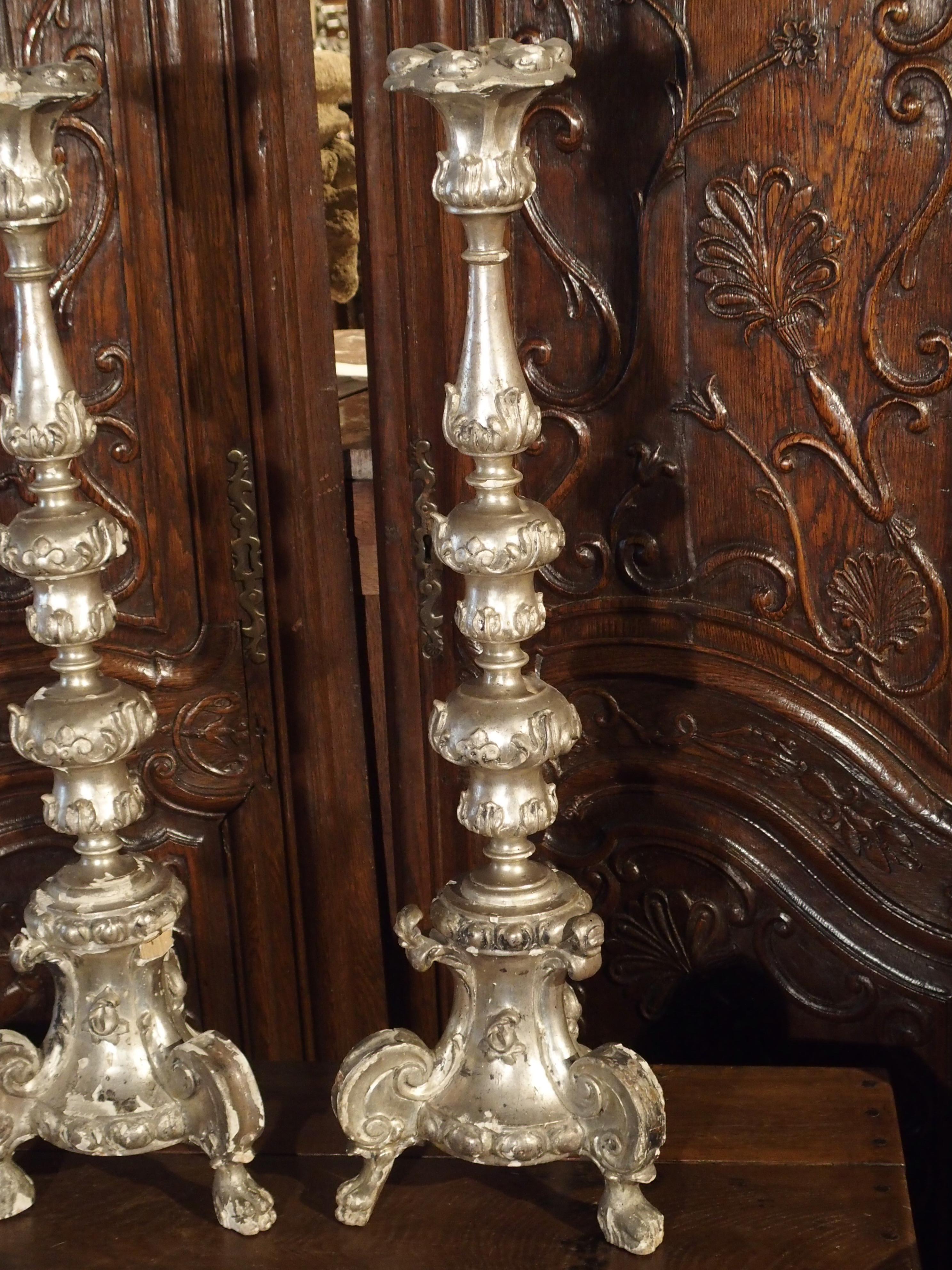 Pair of Tall 17th Century Silverleaf Candlesticks from Italy 4