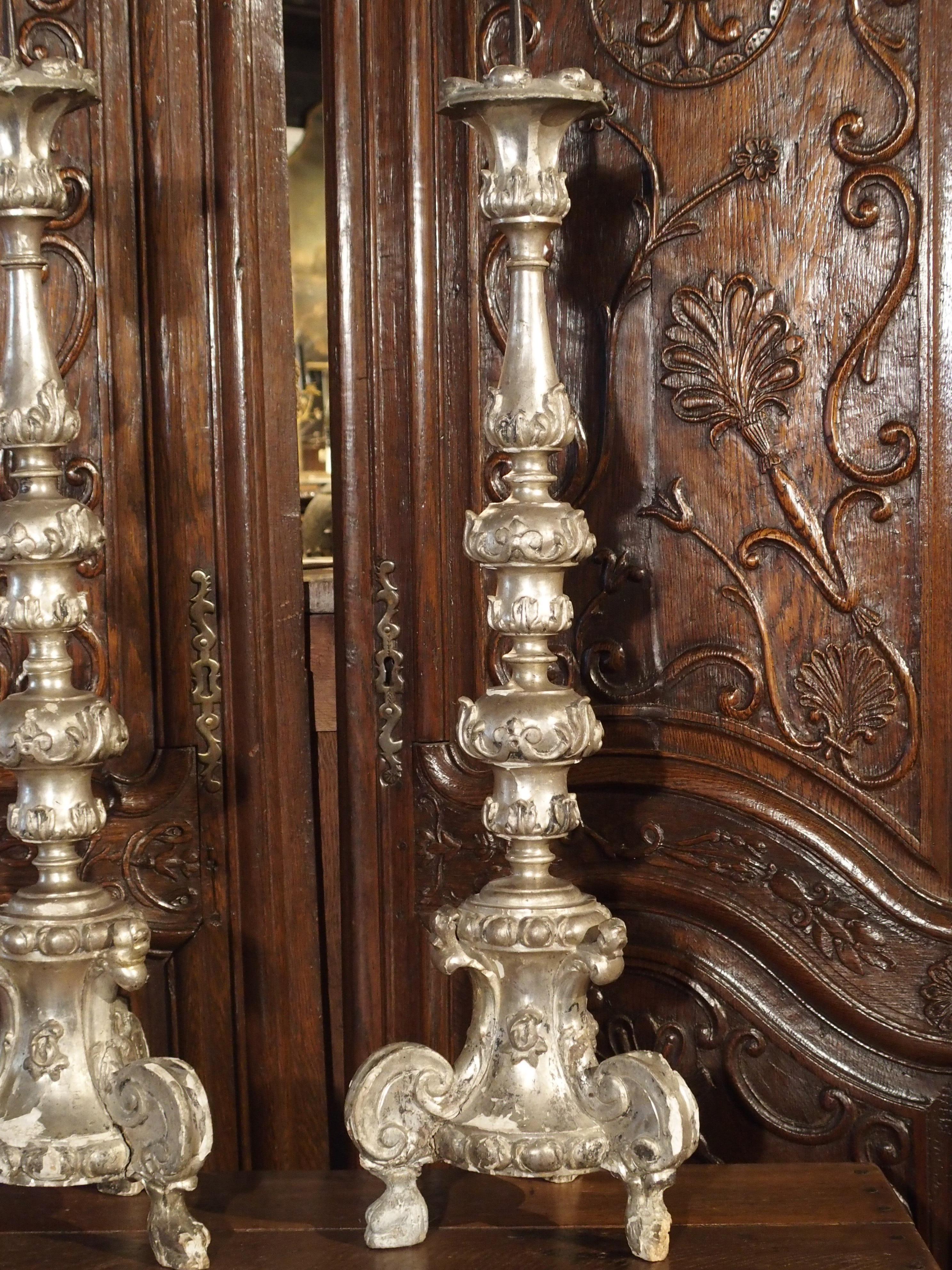 Pair of Tall 17th Century Silverleaf Candlesticks from Italy 5