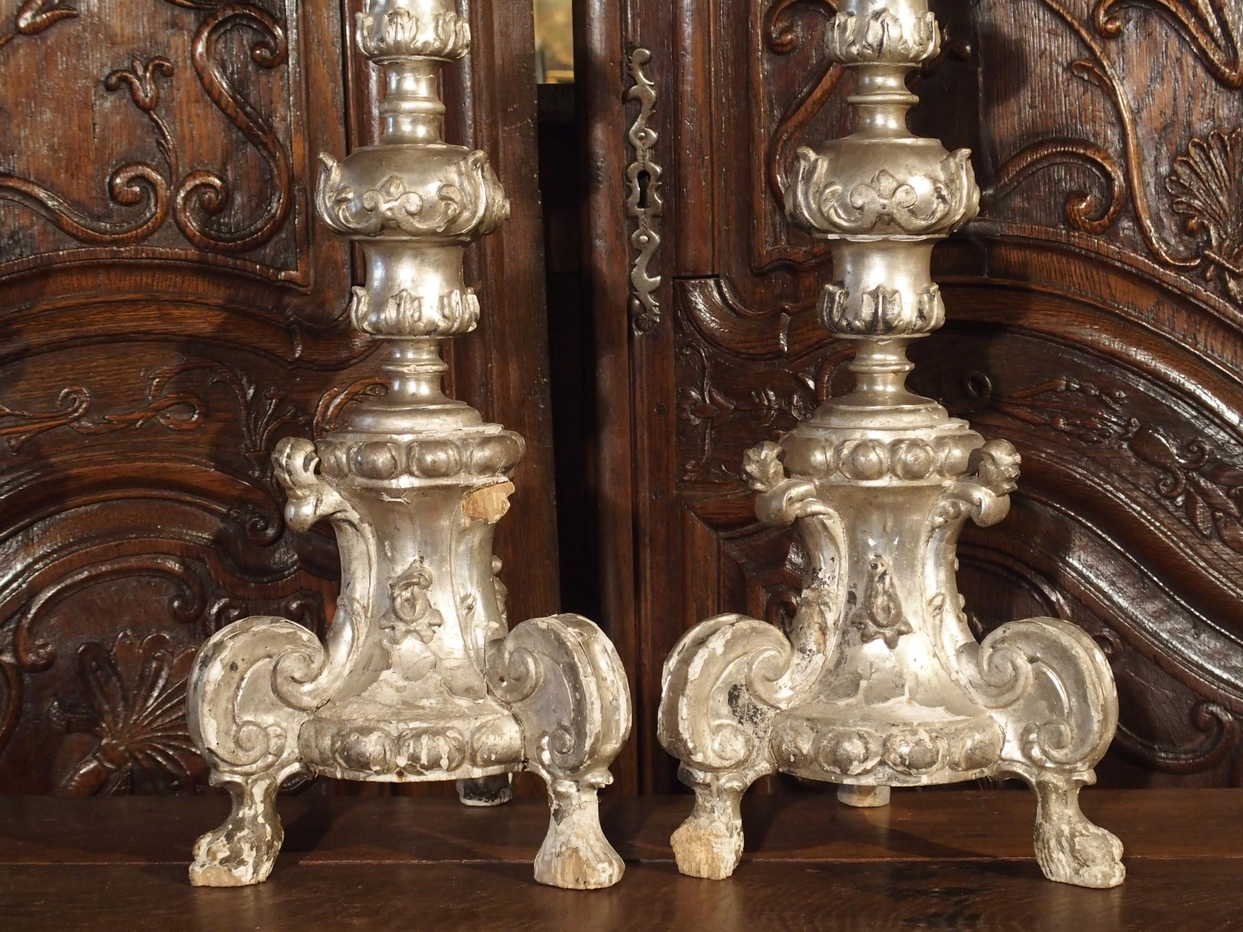 Pair of Tall 17th Century Silverleaf Candlesticks from Italy 8