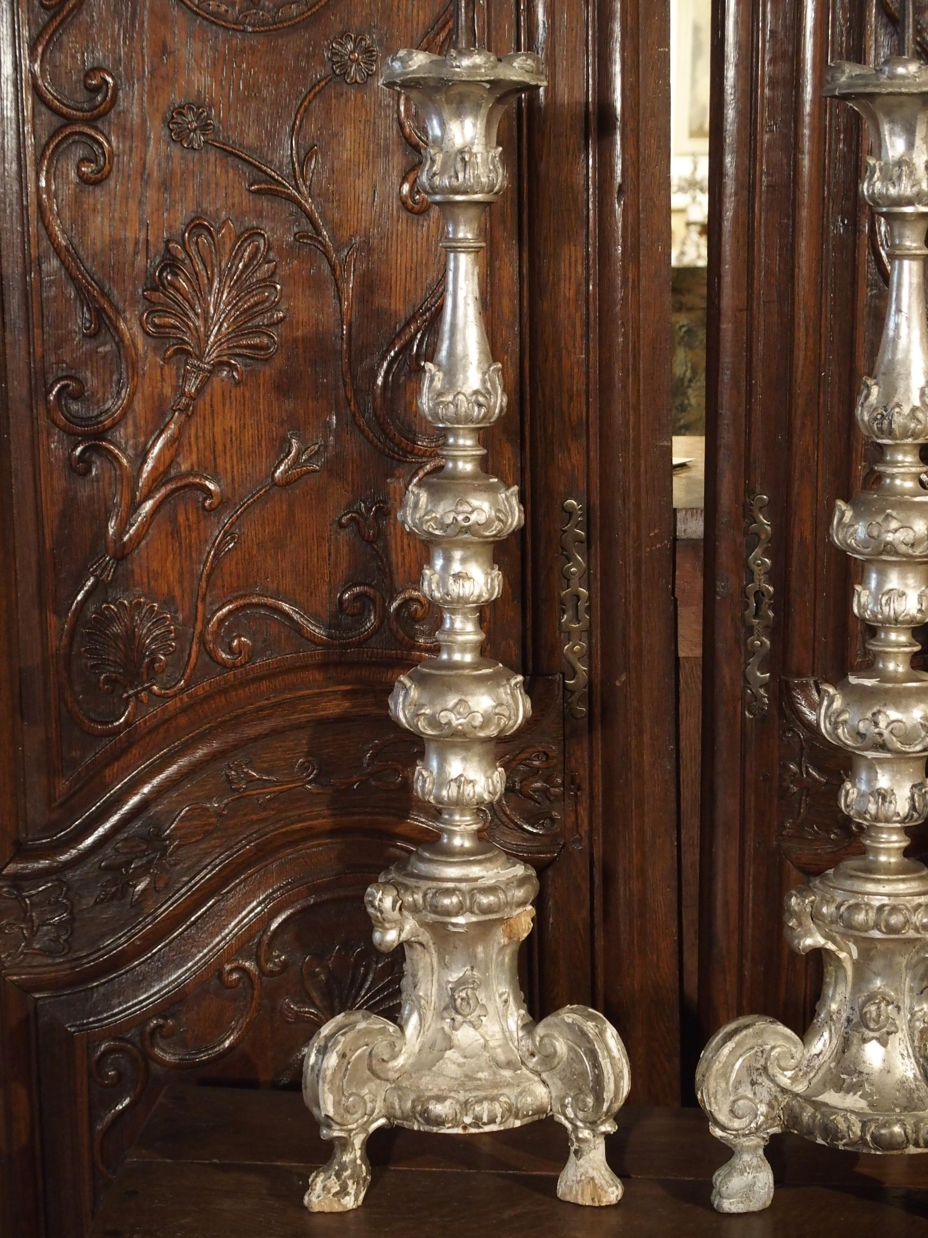 Italian Pair of Tall 17th Century Silverleaf Candlesticks from Italy