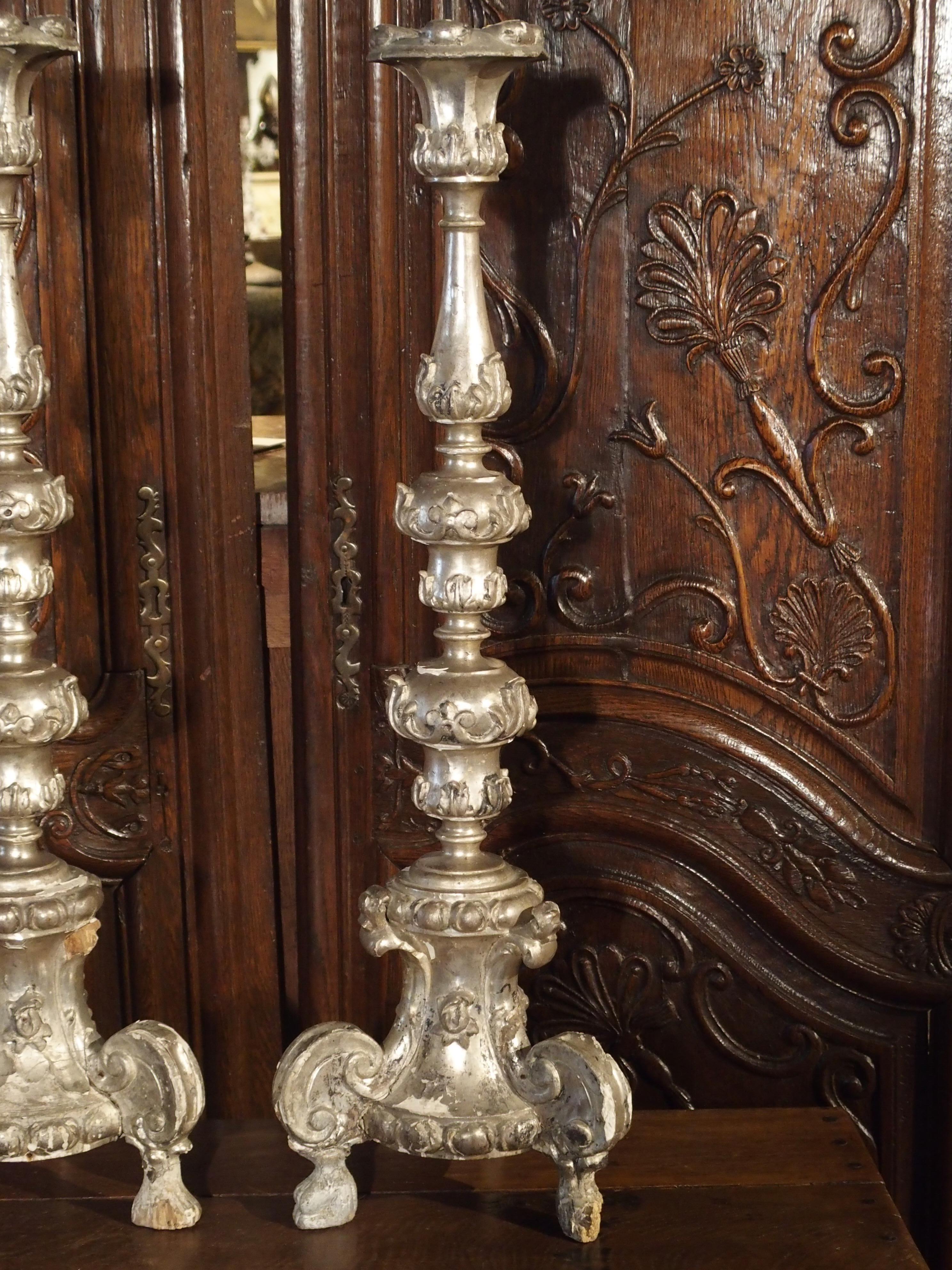 Hand-Carved Pair of Tall 17th Century Silverleaf Candlesticks from Italy