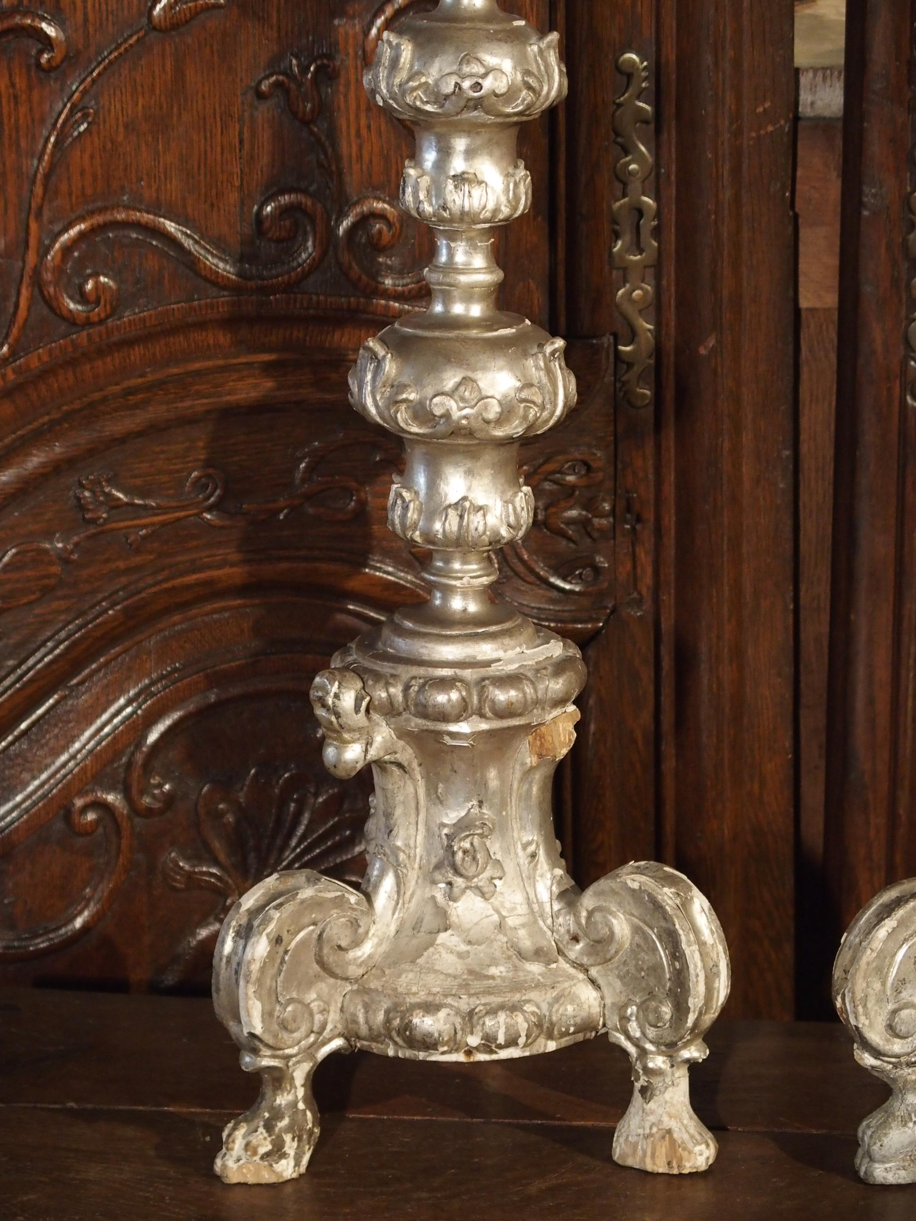 Pair of Tall 17th Century Silverleaf Candlesticks from Italy In Fair Condition In Dallas, TX