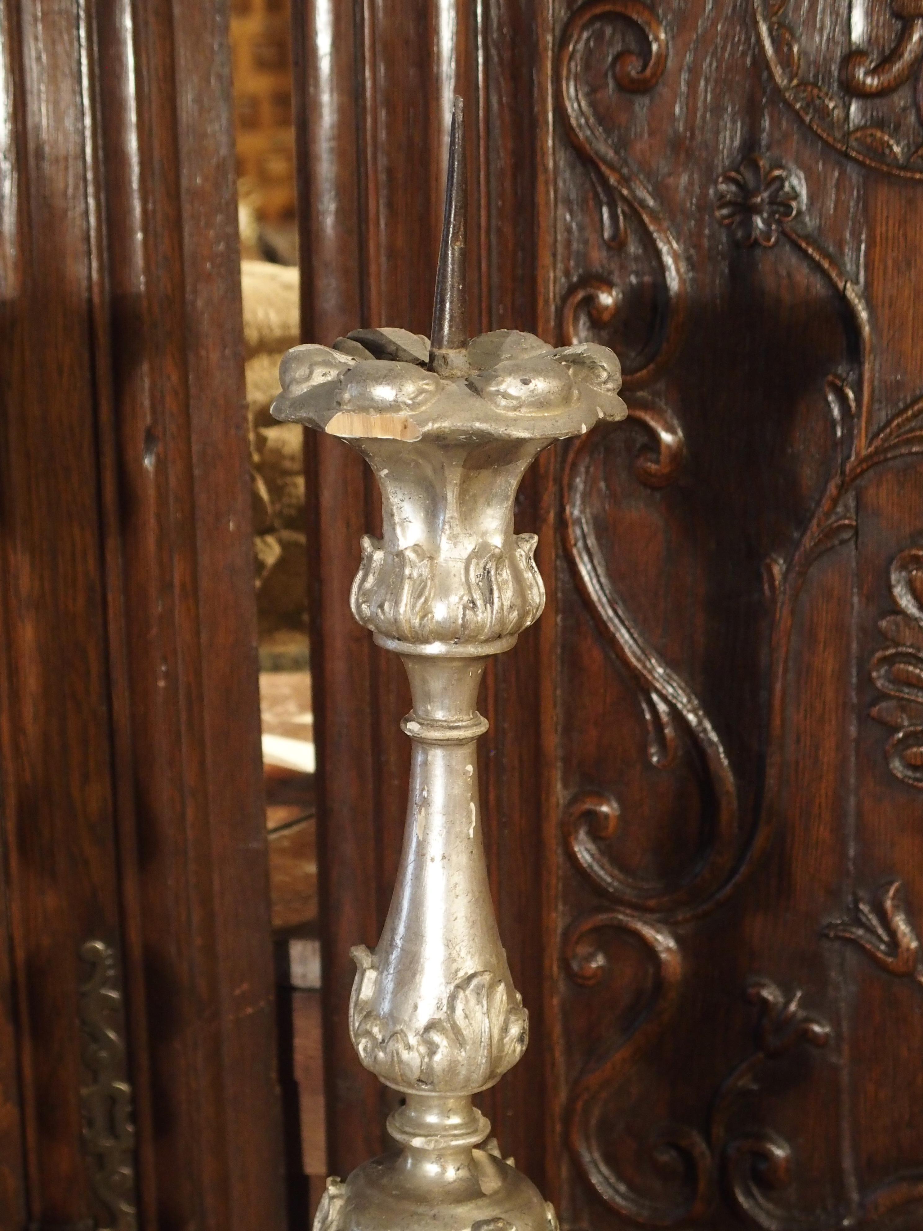 Pair of Tall 17th Century Silverleaf Candlesticks from Italy In Fair Condition In Dallas, TX